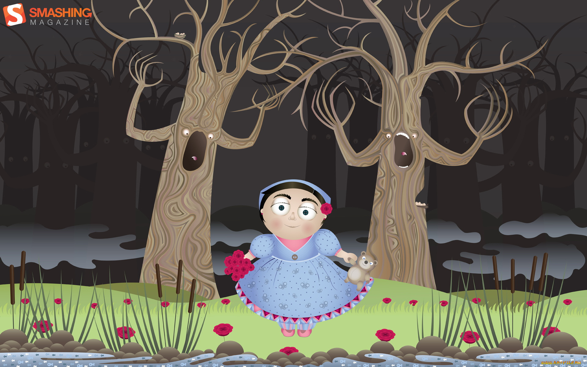 векторная, графика, деревья, девушка