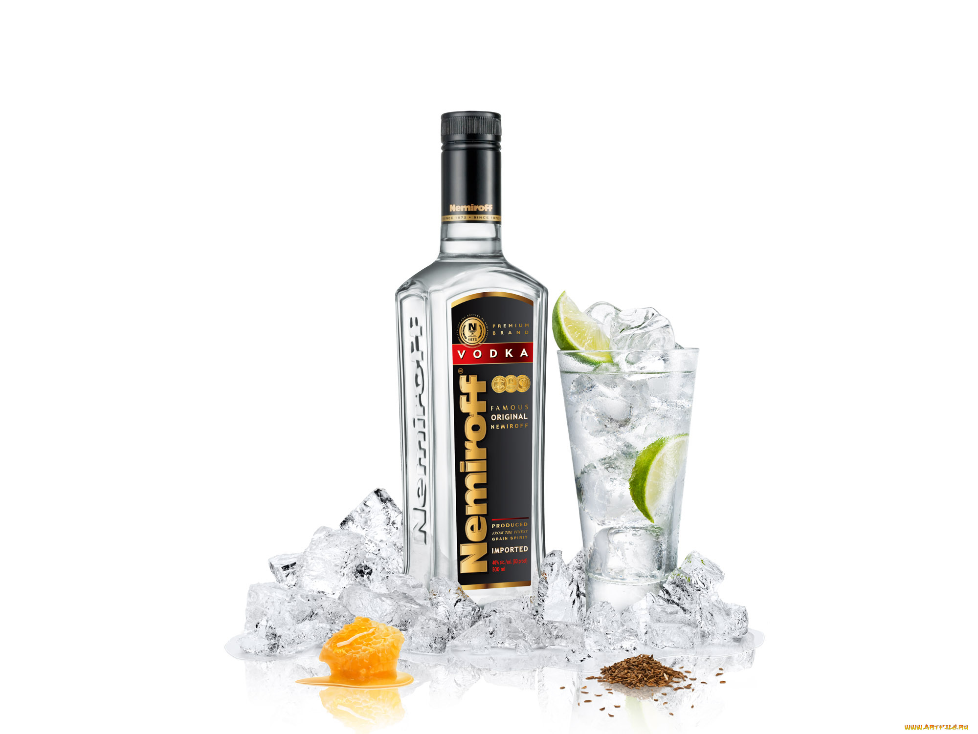 бренды, nemiroff, лайм, тмин, лед, стакан, мед, водка, бутылка