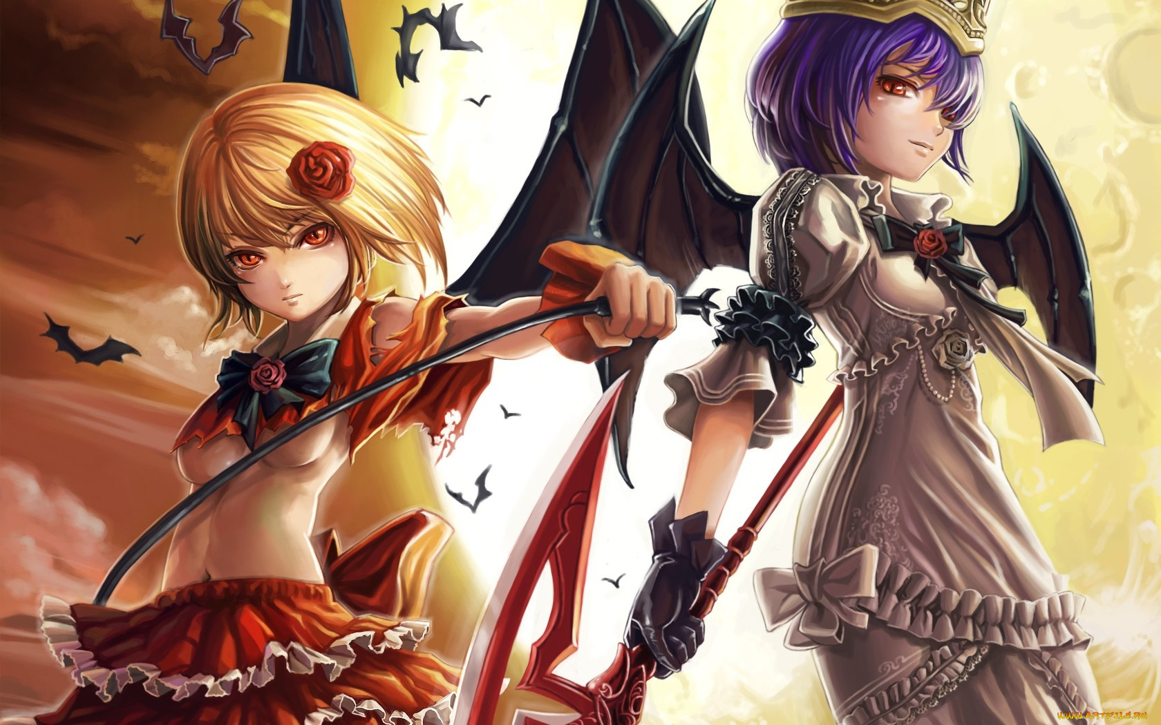 аниме, touhou, демоница, крылья, луна, кнут, красные, глаза, летучие, мыши, розочка, корона