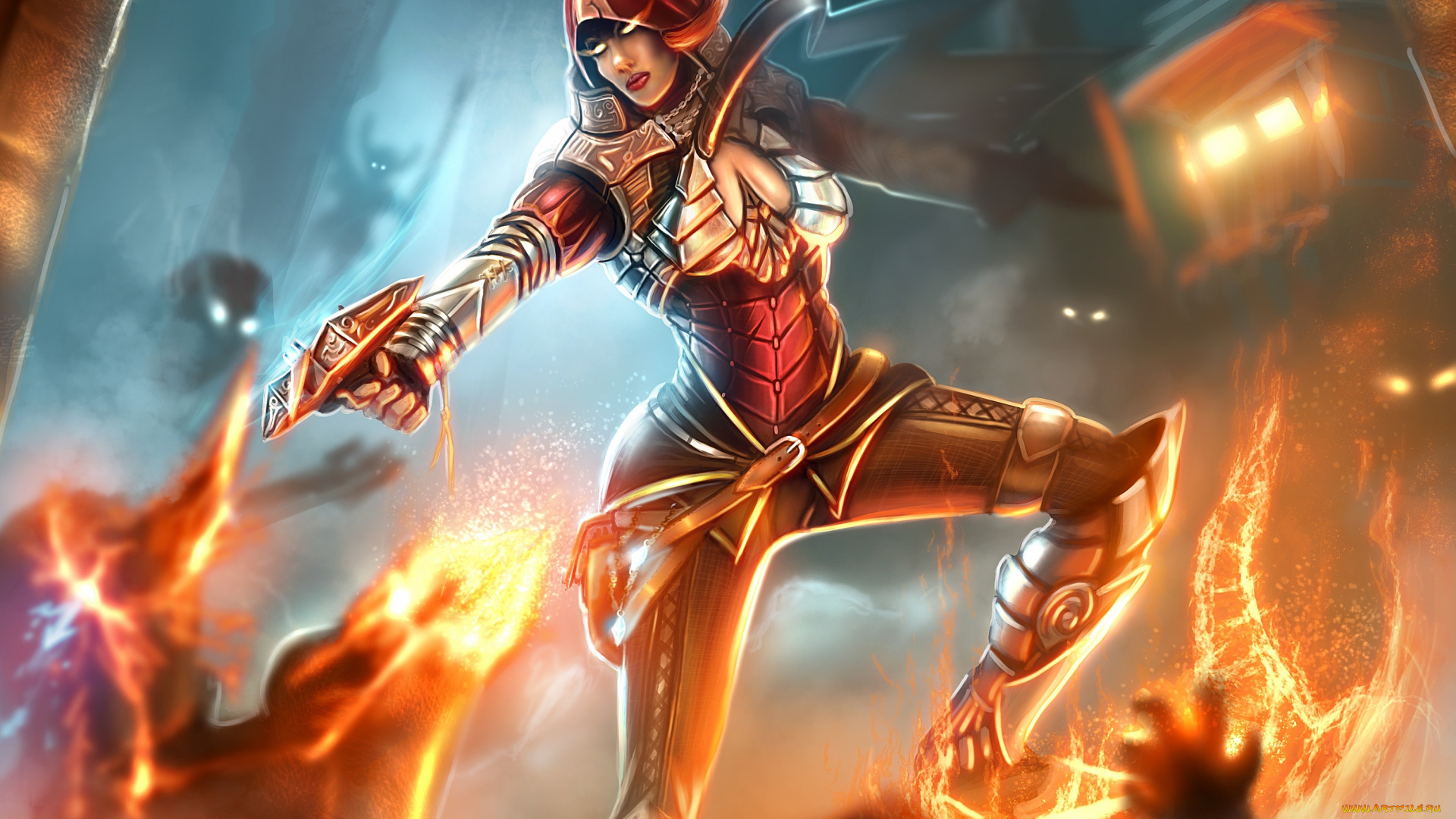 diablo, iii, , reaper, of, souls, фэнтези, девушки, капюшон, глаза, девушка, арбалеты, reaper, of, souls, diablo, iii, demon, hunter, огонь, арт