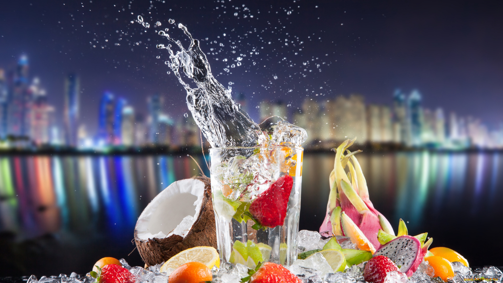 еда, фрукты, , ягоды, лед, лимон, лайм, кокос, клубника, коктейль