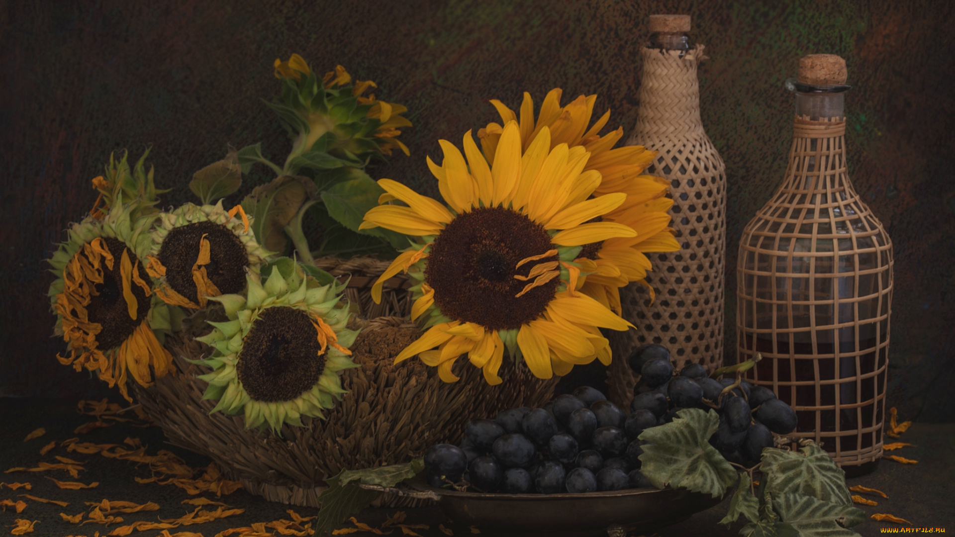 еда, натюрморт, виноград, бутылки, полсолнухи