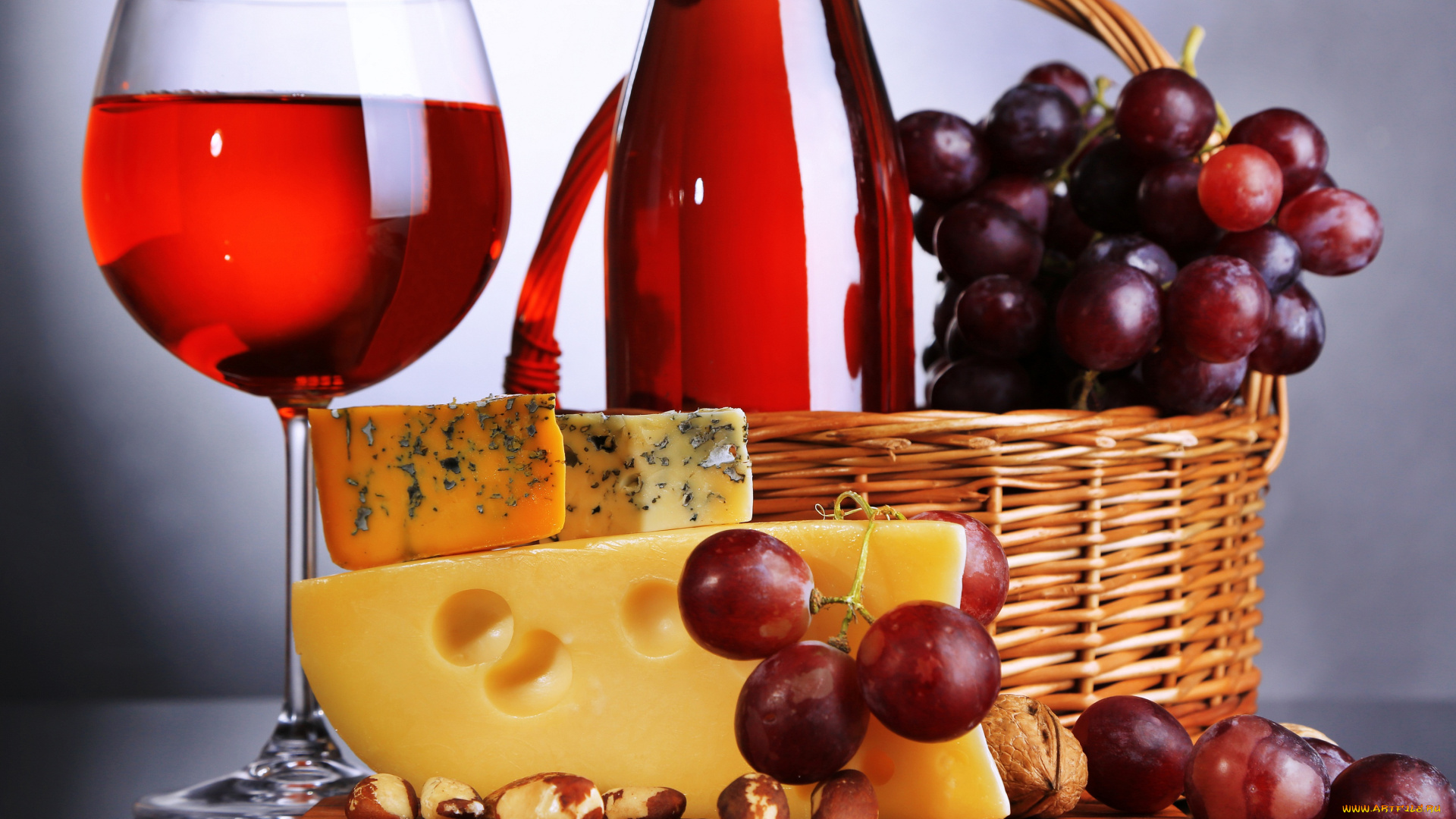 еда, разное, виноград, корзина, вино, орехи, сыр
