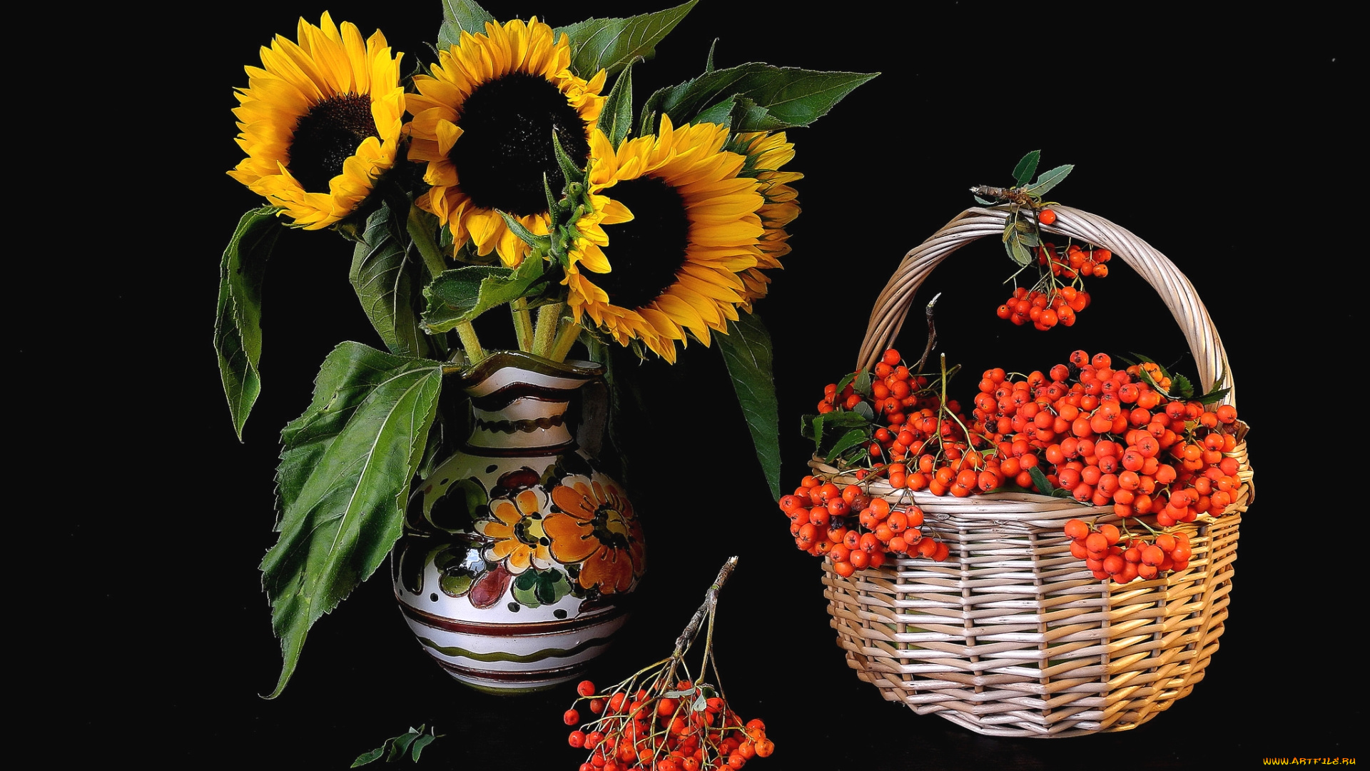 еда, рябина, подсолнухи, корзина
