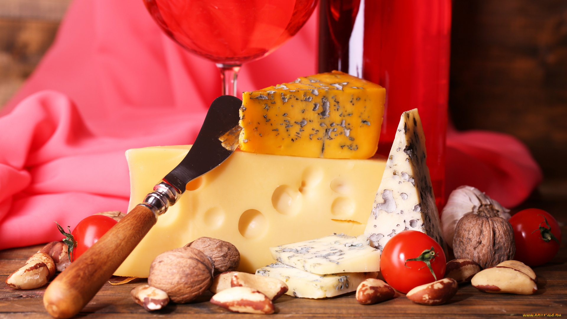 еда, сырные, изделия, орехи, помидоры, нож, сыр
