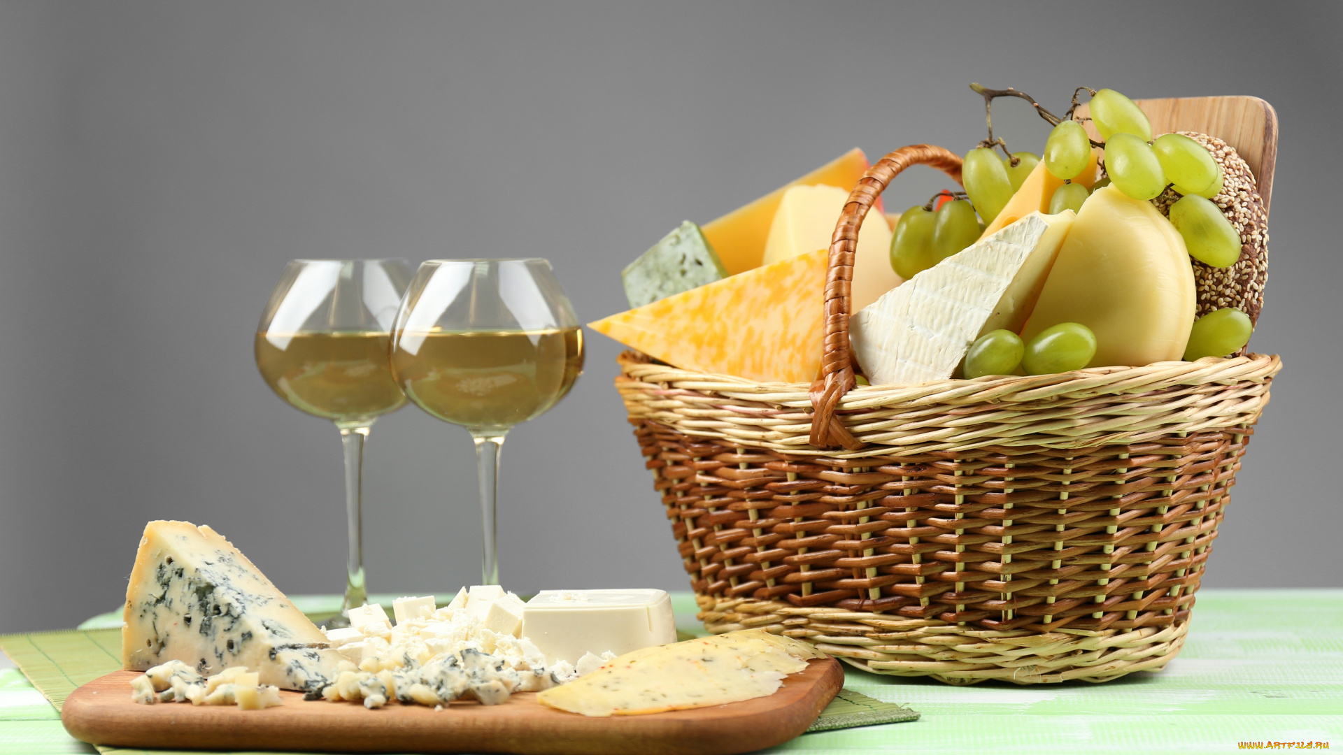 еда, сырные, изделия, вино, винград, сыр, корзина