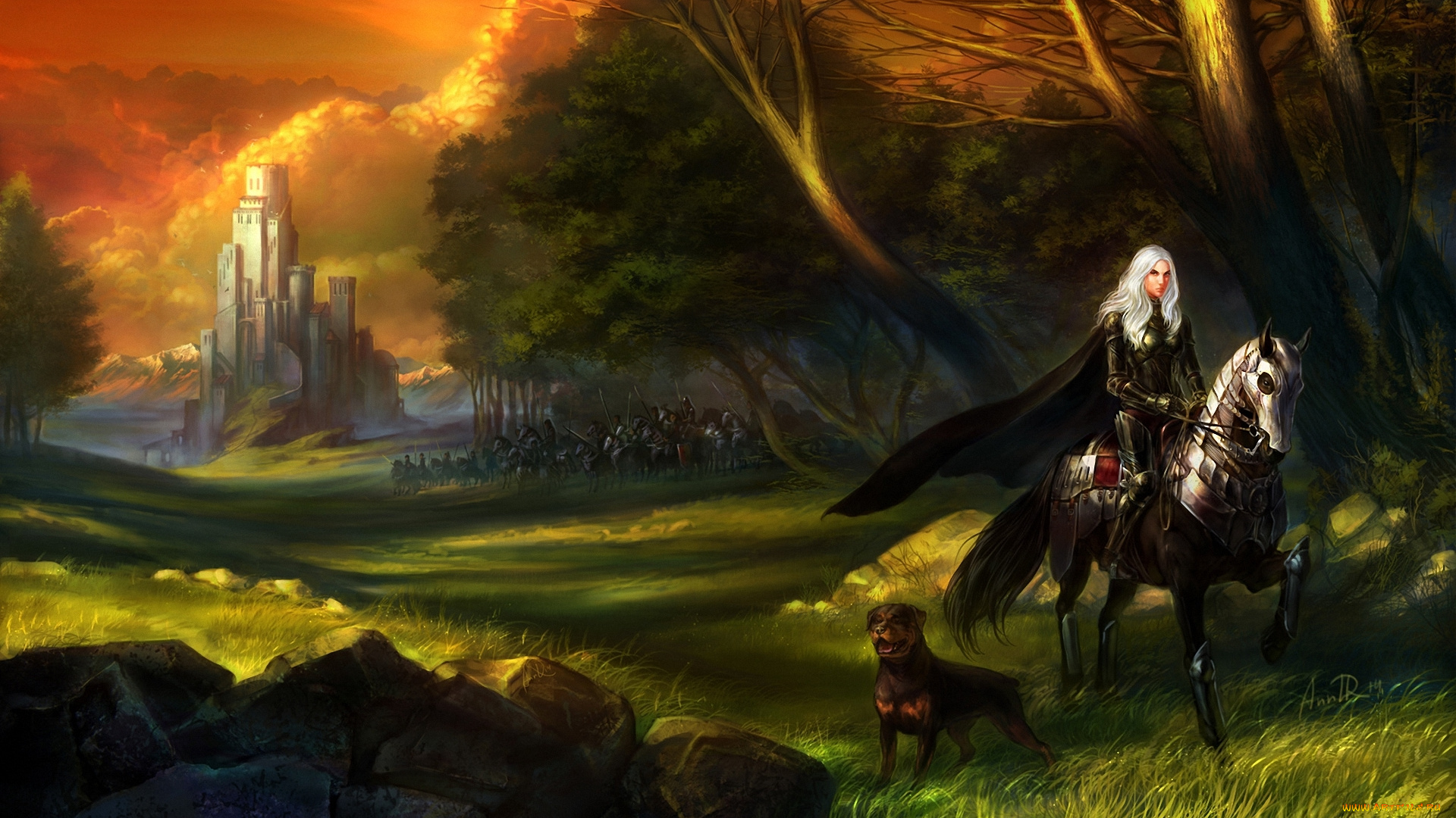 фэнтези, девушки, арт, замок, девушка, всадница, конь, собака, армия, трава, камни, лес