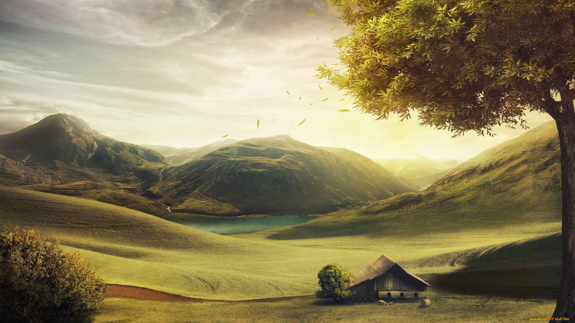 фэнтези, фотоарт, ранчо, деревья, дом, равнина, горы