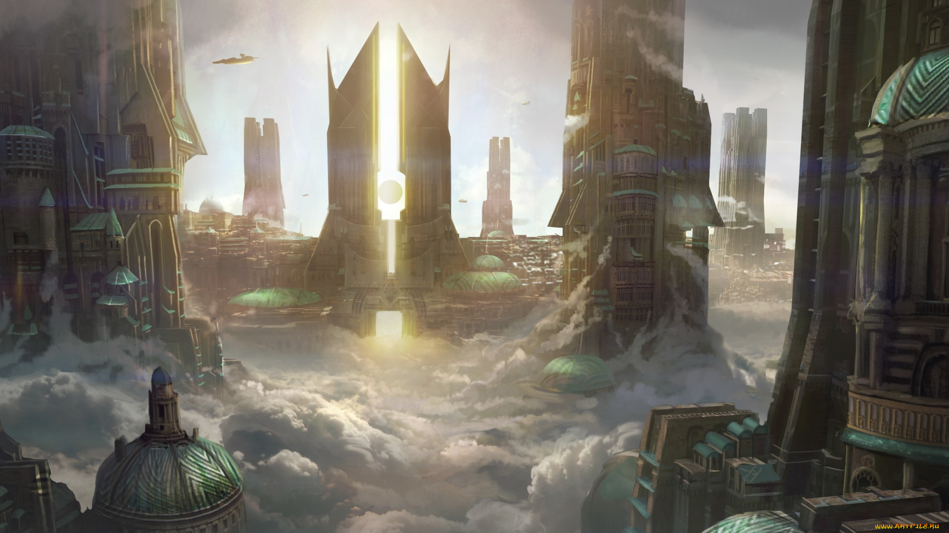 фэнтези, иные, миры, , иные, времена, арт, город, мегаполис, закат, облака, высота, будущее, транспорт, купола