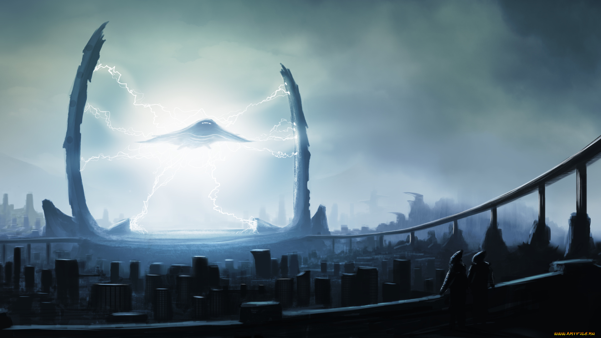 фэнтези, иные, миры, , иные, времена, арт, город, корабль, портал, молнии