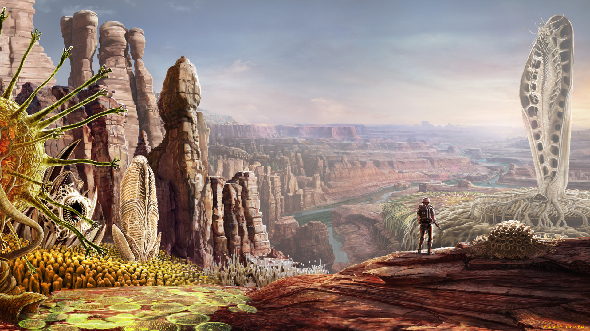 фэнтези, иные, миры, , иные, времена, река, каньон, человек, корни, существа, растения, гигантские, арт