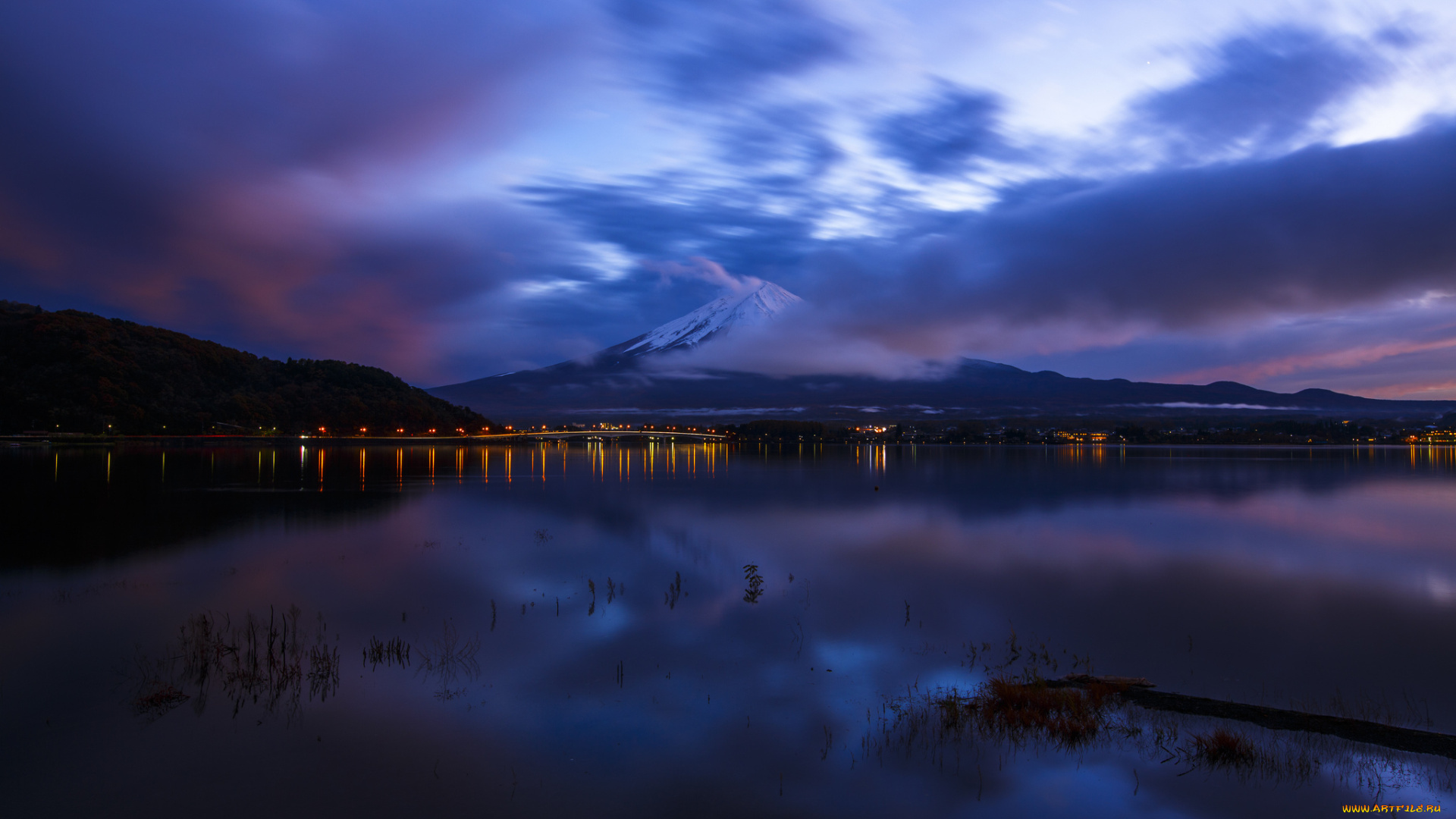 природа, реки, озера, ночь, океан, залив, гора, вулкан, фудзияма, хонсю, Япония, отражение, облака, небо, синее