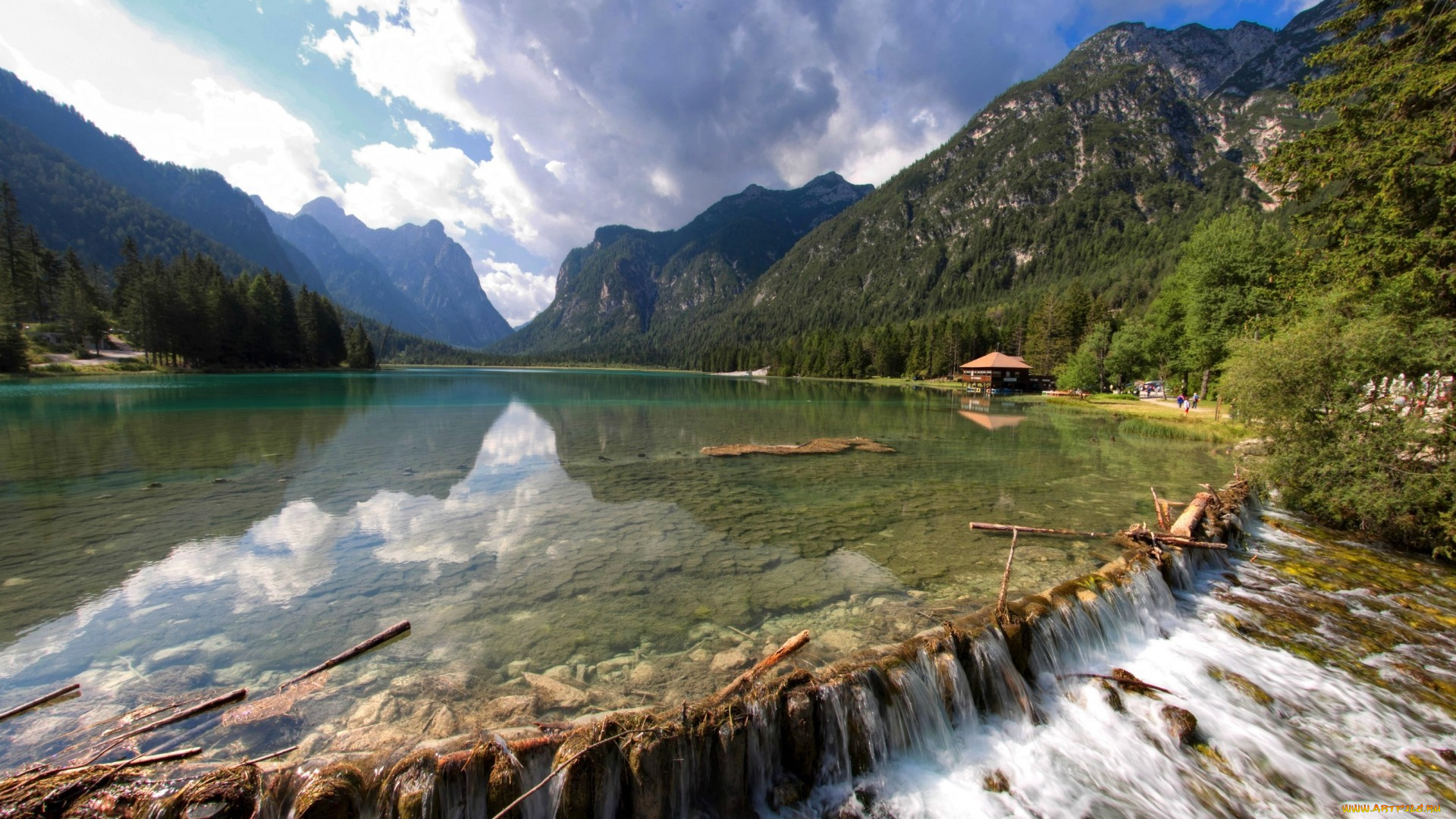 природа, реки, озера, озеро, горы, домик, лес, камни