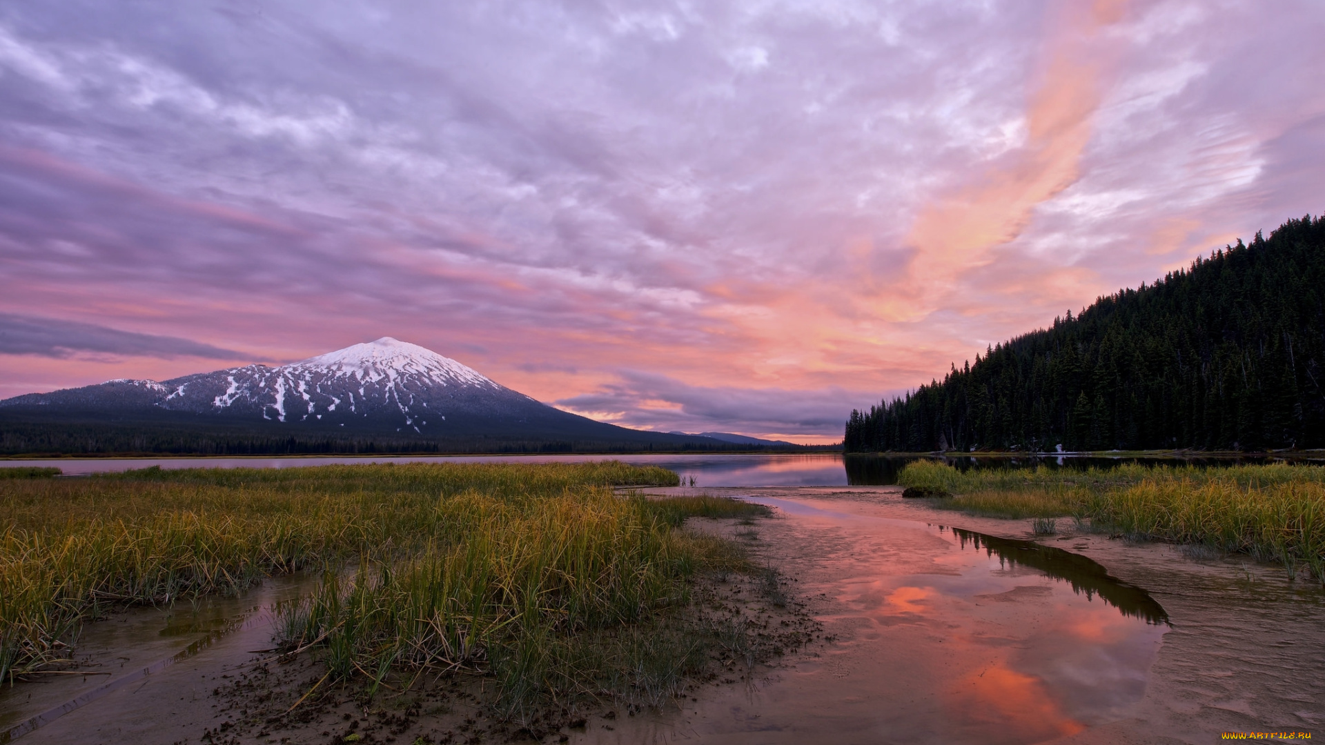 природа, реки, озера, сша, орегон, гора, лес, озеро, закат