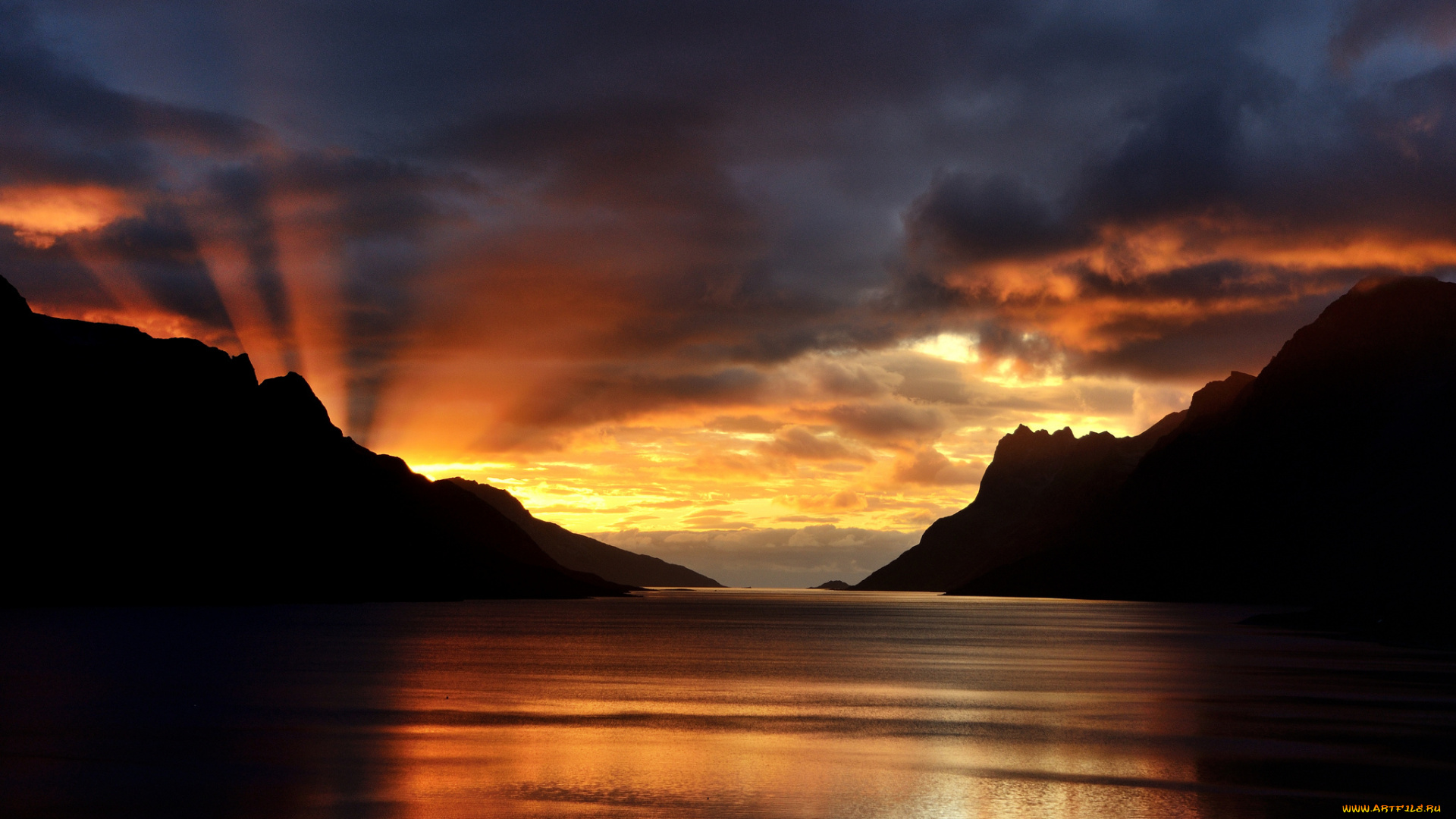 природа, восходы, закаты, горы, залив, тучи, закат