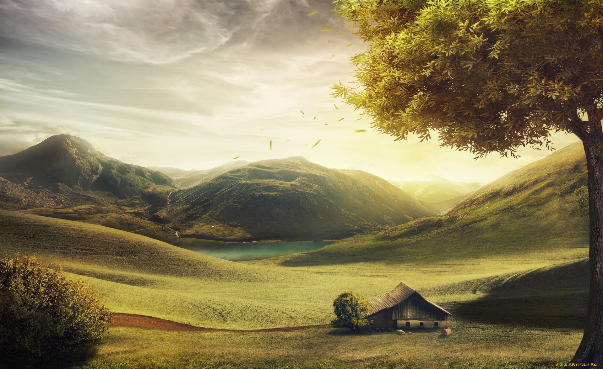 фэнтези, фотоарт, ранчо, деревья, дом, равнина, горы