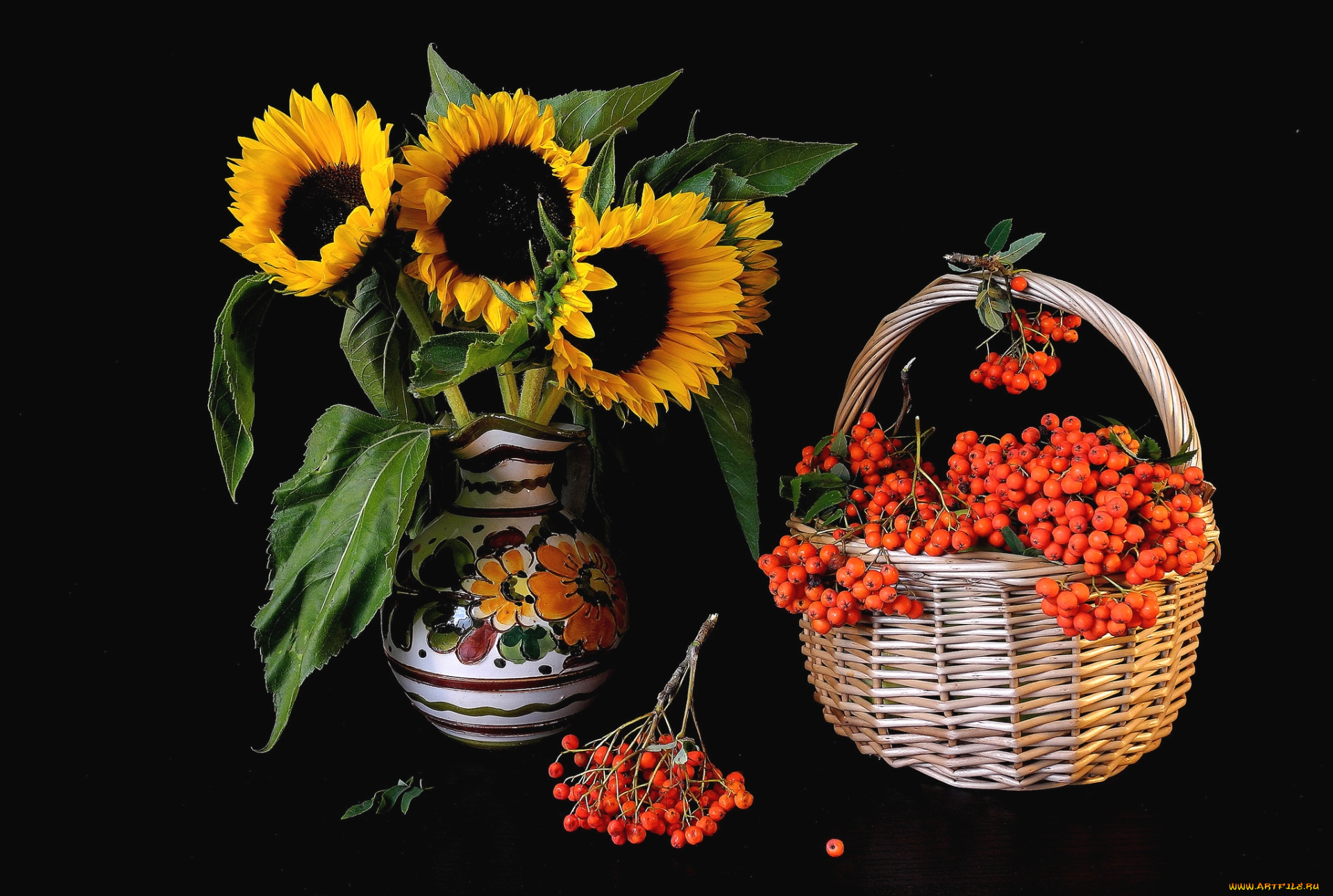 еда, рябина, подсолнухи, корзина