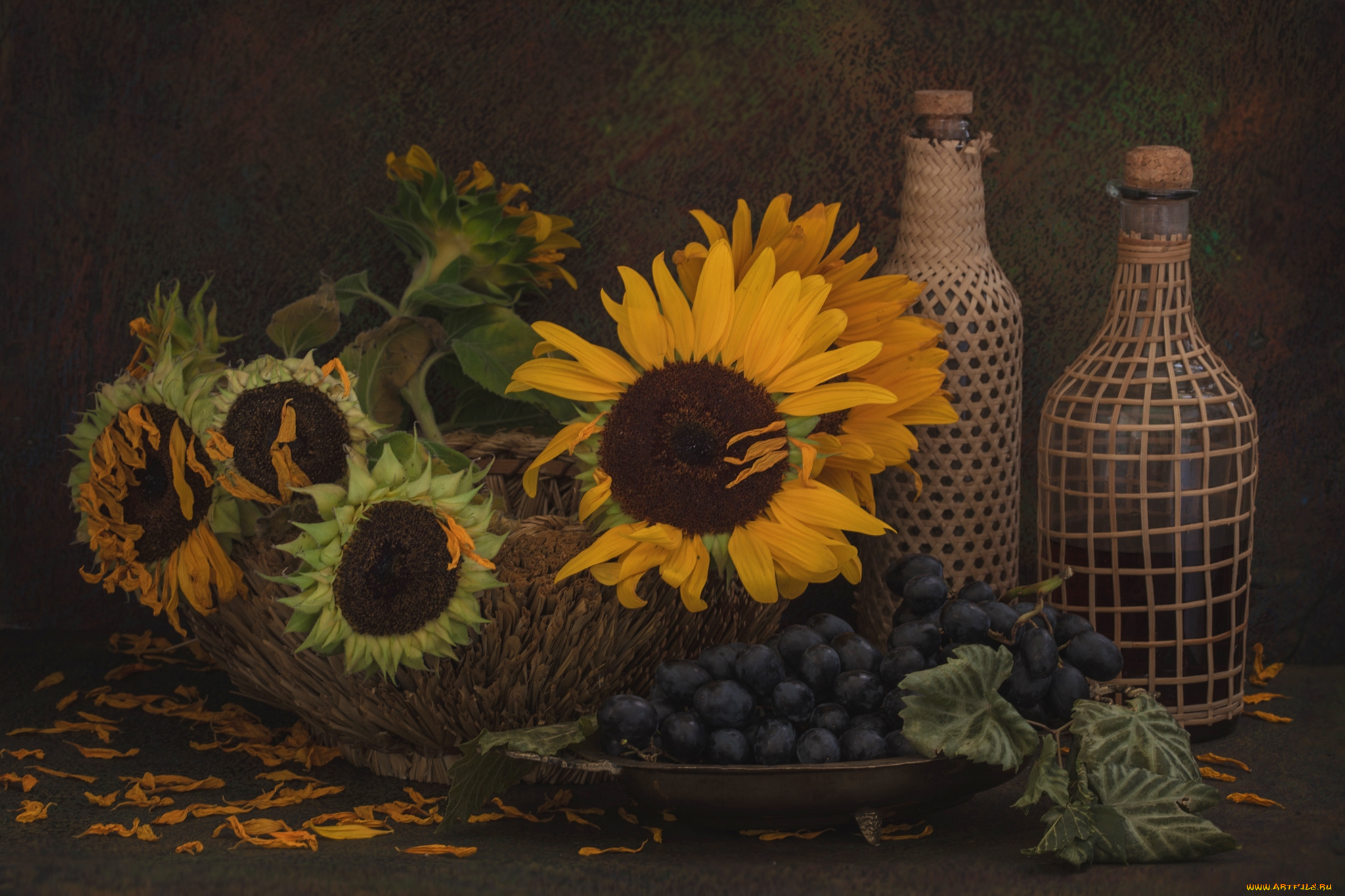 еда, натюрморт, виноград, бутылки, полсолнухи