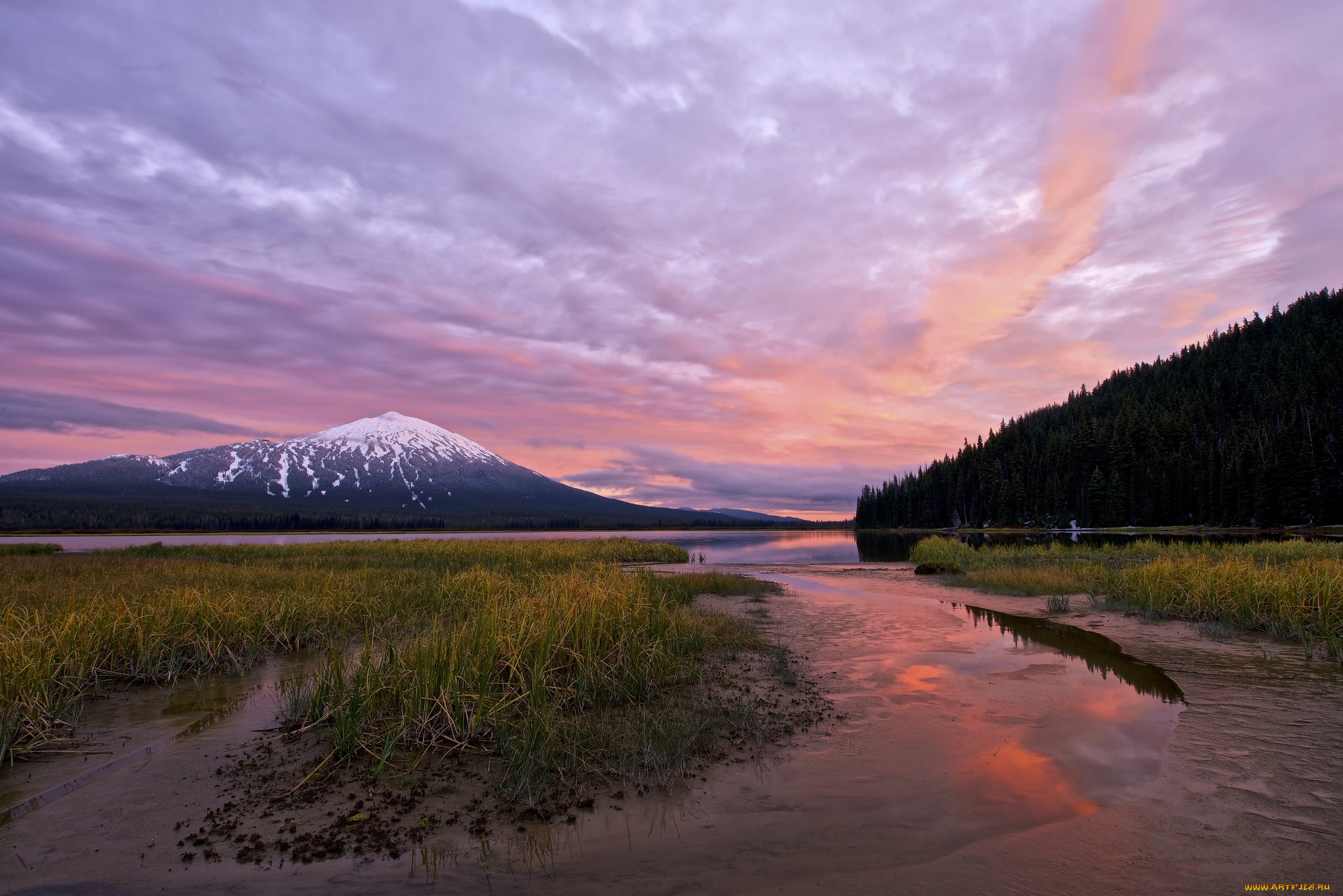 природа, реки, озера, сша, орегон, гора, лес, озеро, закат