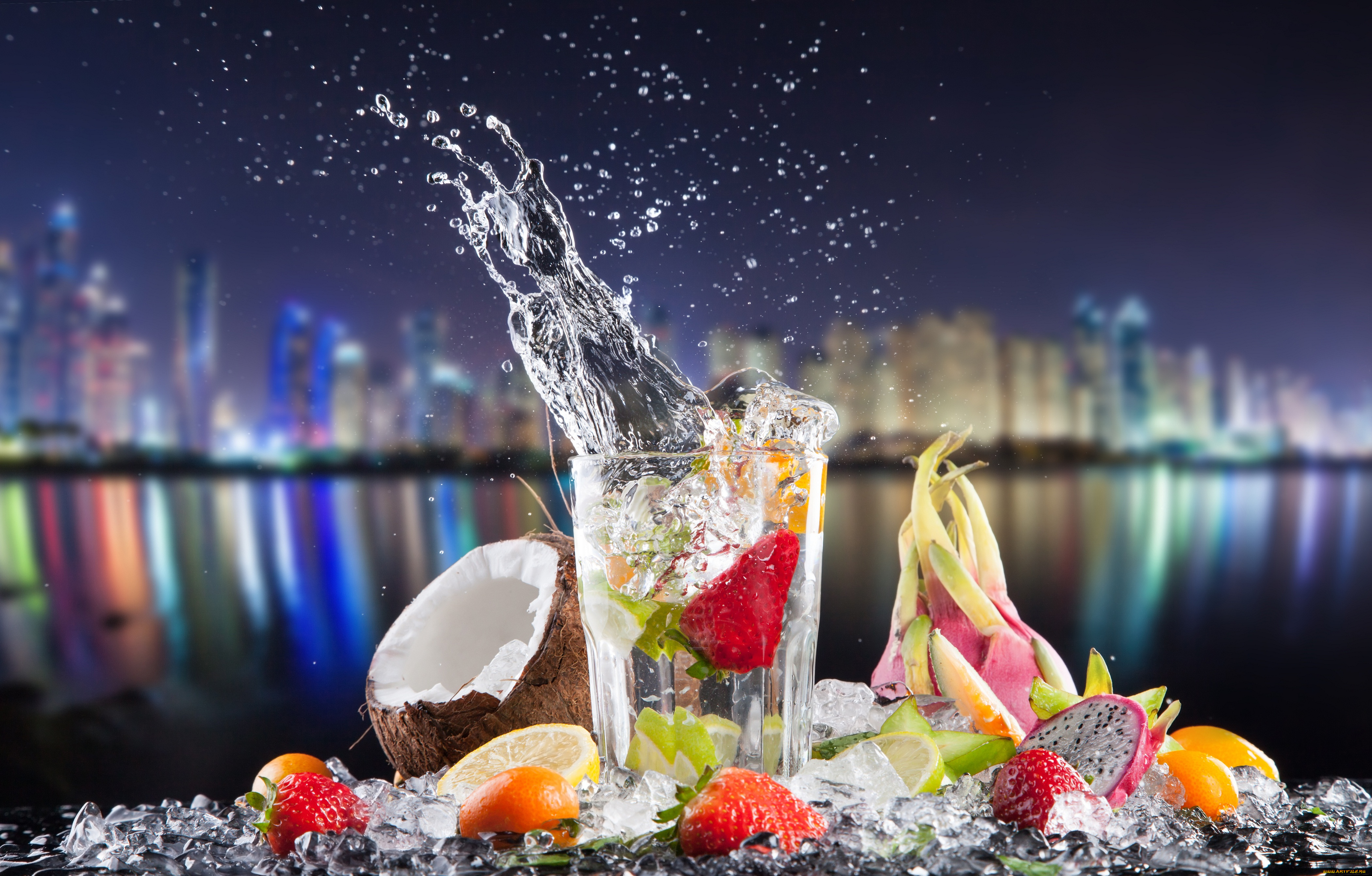 еда, фрукты, , ягоды, лед, лимон, лайм, кокос, клубника, коктейль