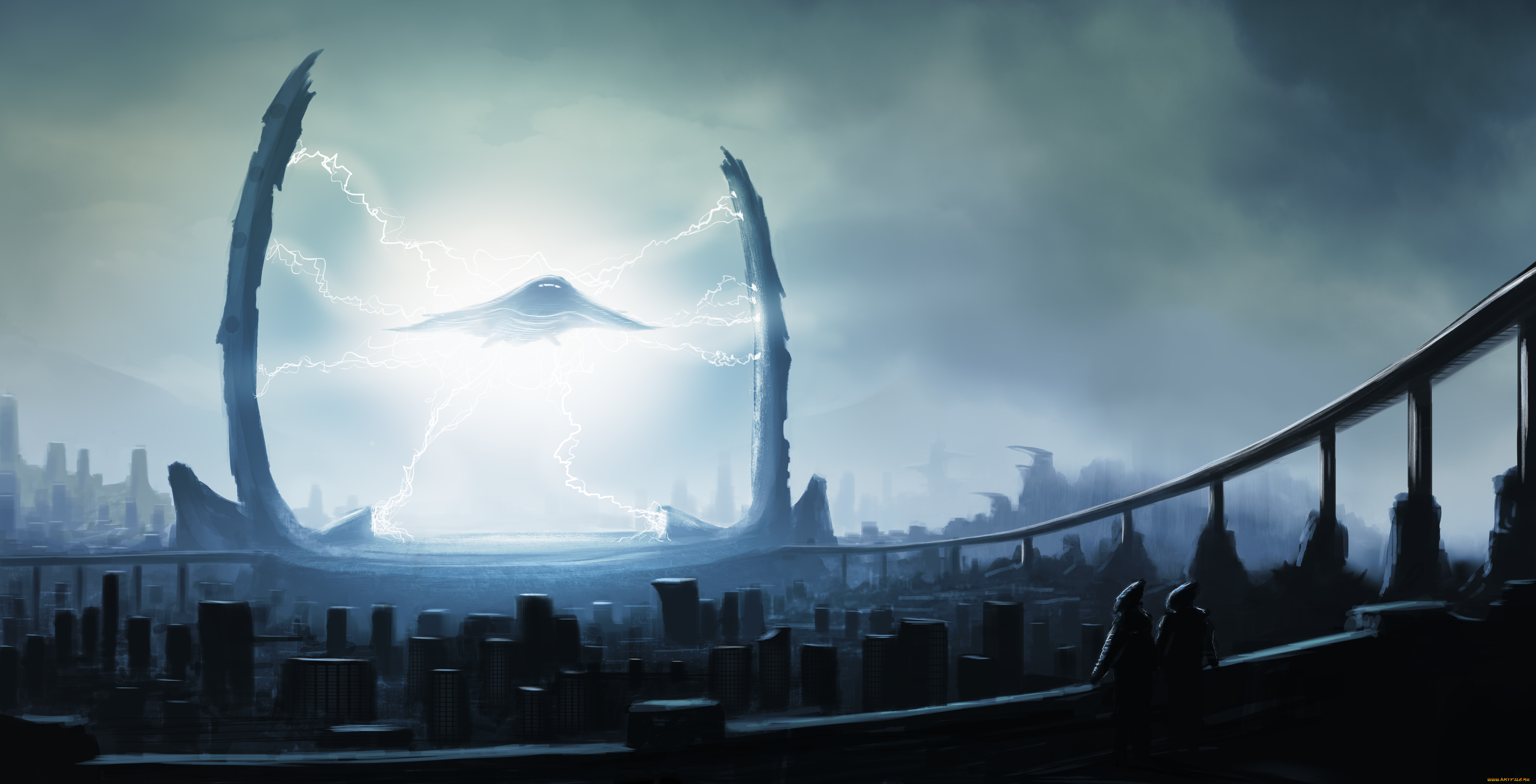 фэнтези, иные, миры, , иные, времена, арт, город, корабль, портал, молнии