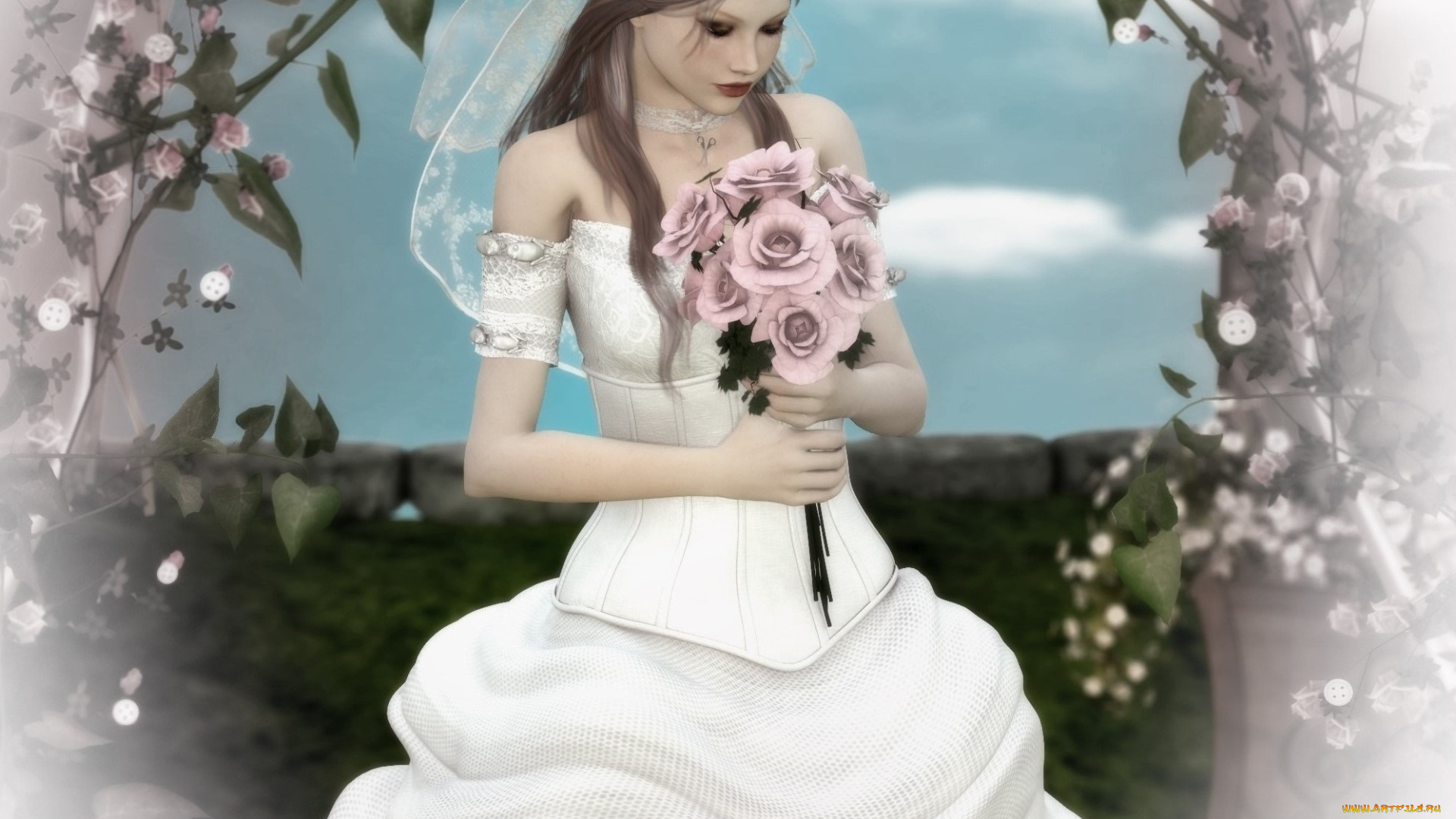 3д, графика, люди, , people, цветы, фон, взгляд, девушка