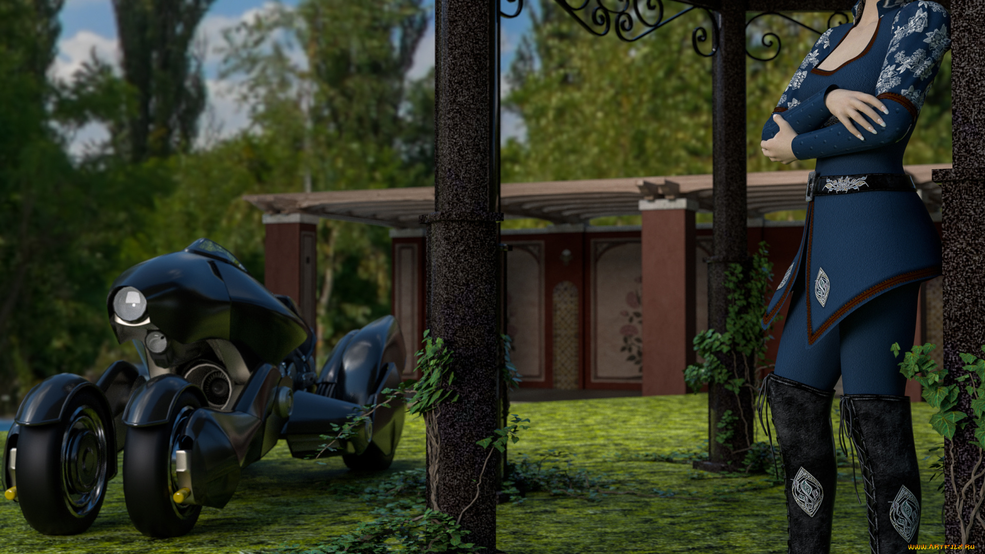 3д, графика, люди, , people, девушка, взгляд, фон, мотоцикл