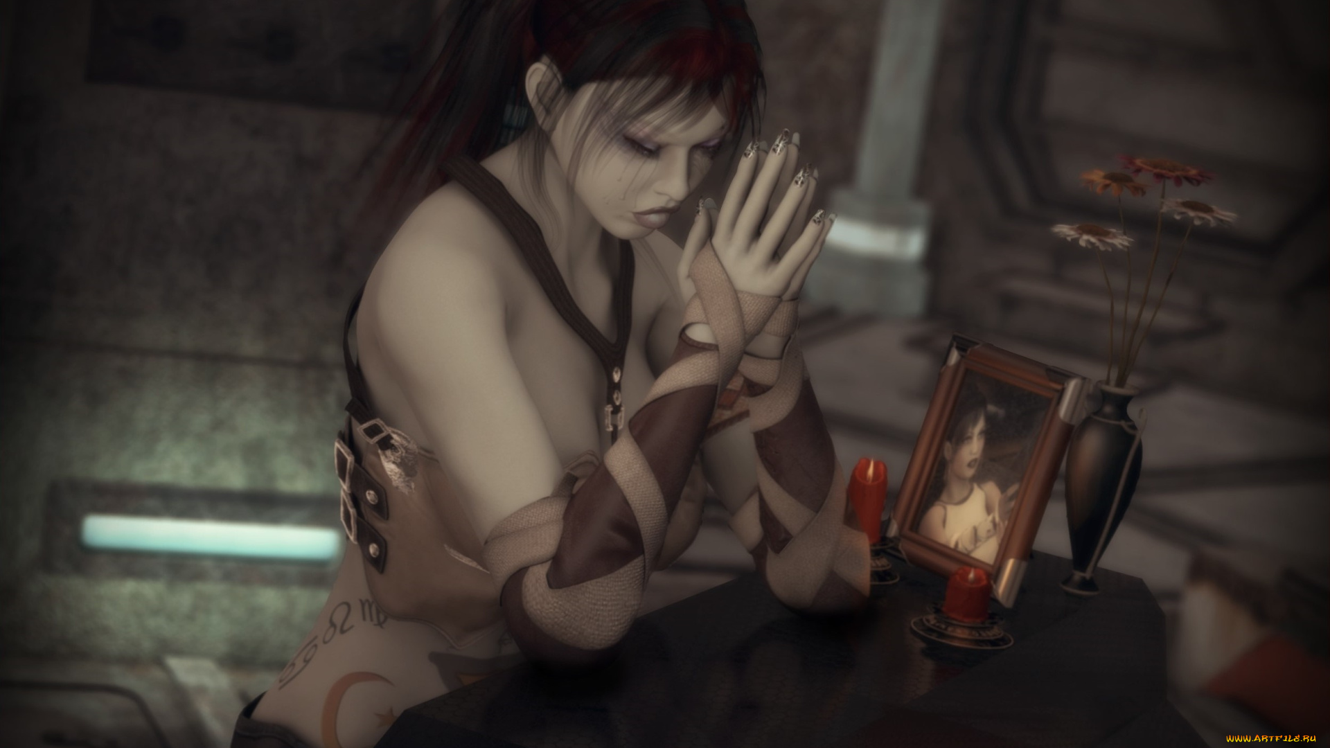 3д, графика, люди, , people, свечи, цветы, ваза, фотография, фон, взгляд, девушка