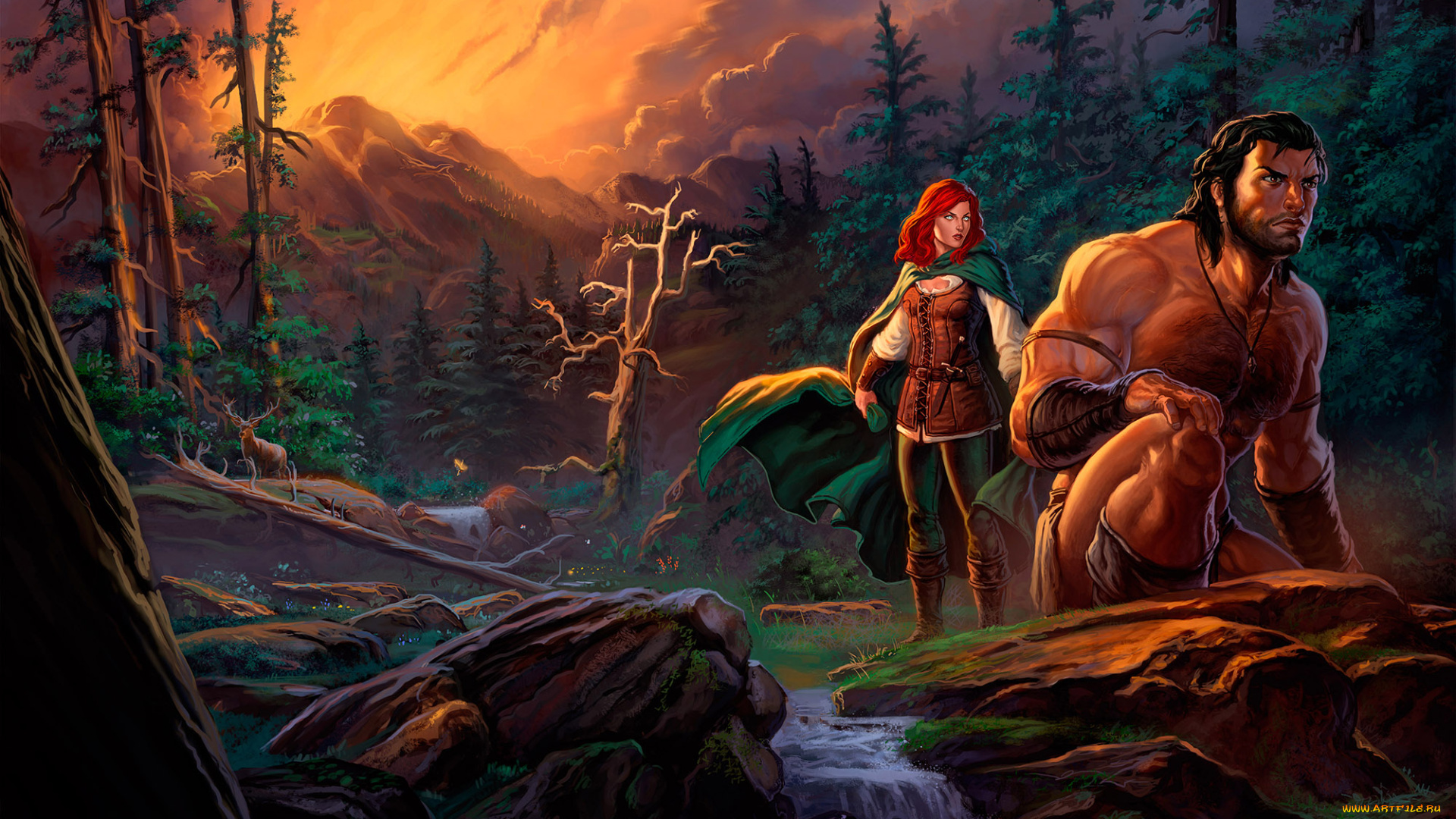 фэнтези, люди, арт, мужчина, девушка, лес, небо, облака, деревья