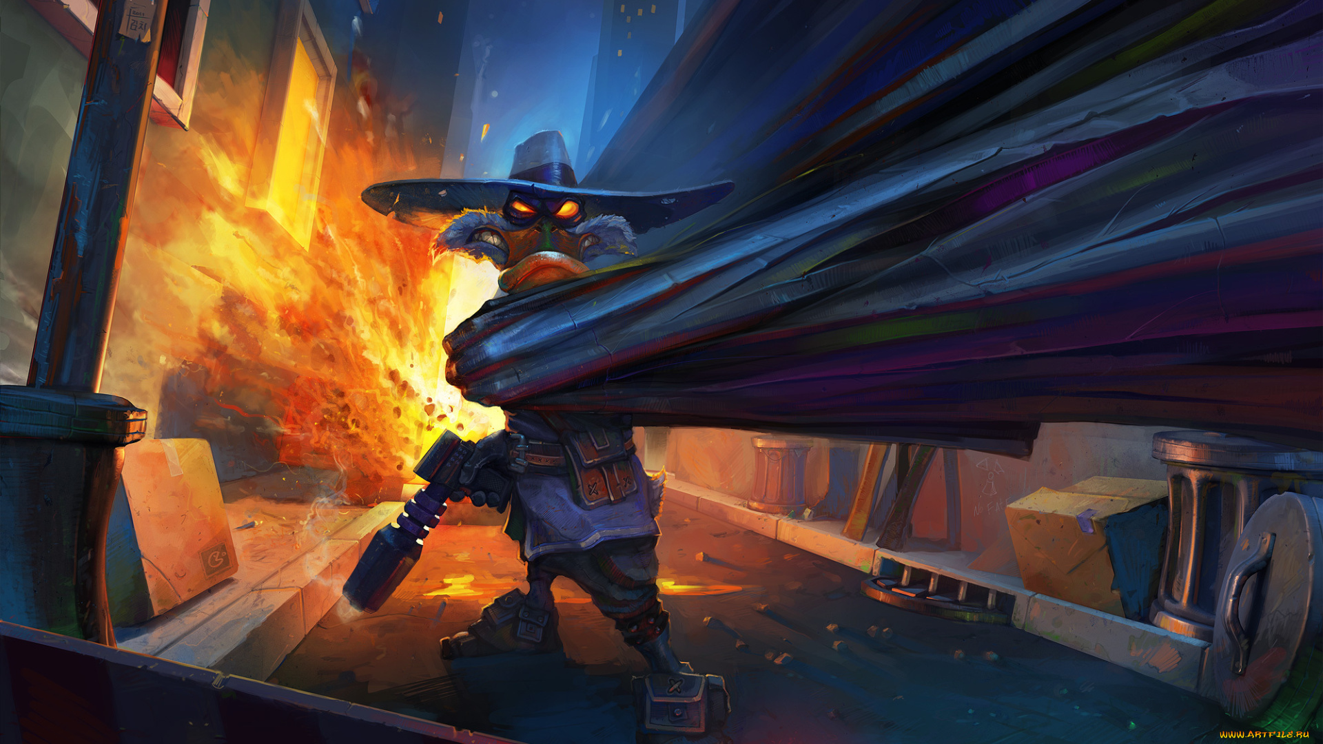 фэнтези, существа, Черный, плащ, супергерой, шляпа, маска, пистолет, проулок, взрыв, мусорный, бак