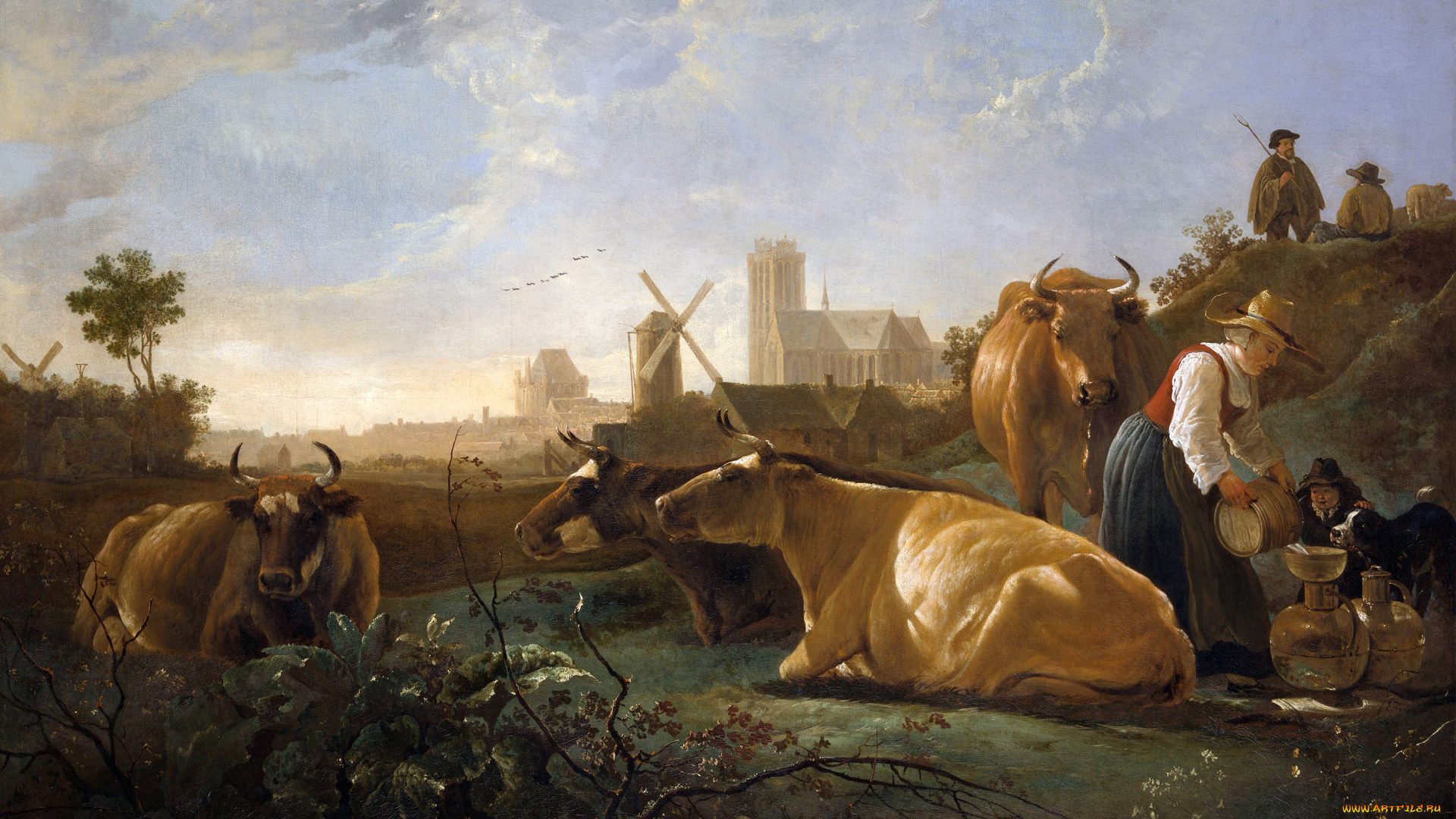 рисованное, живопись, лето, корова