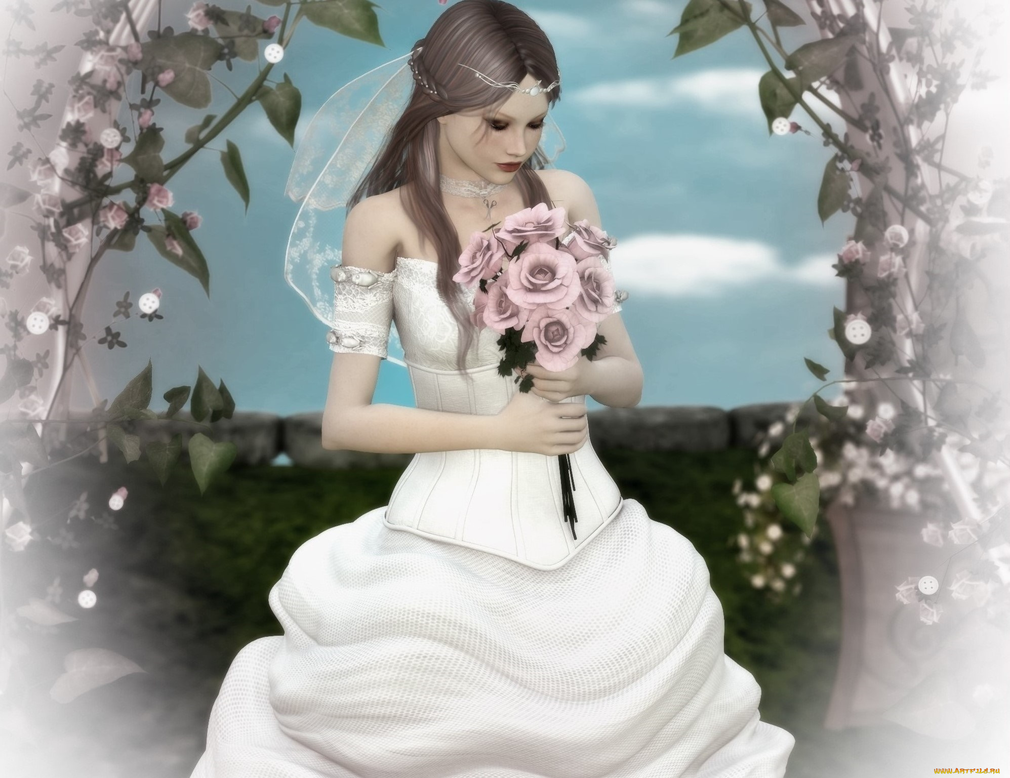 3д, графика, люди, , people, цветы, фон, взгляд, девушка