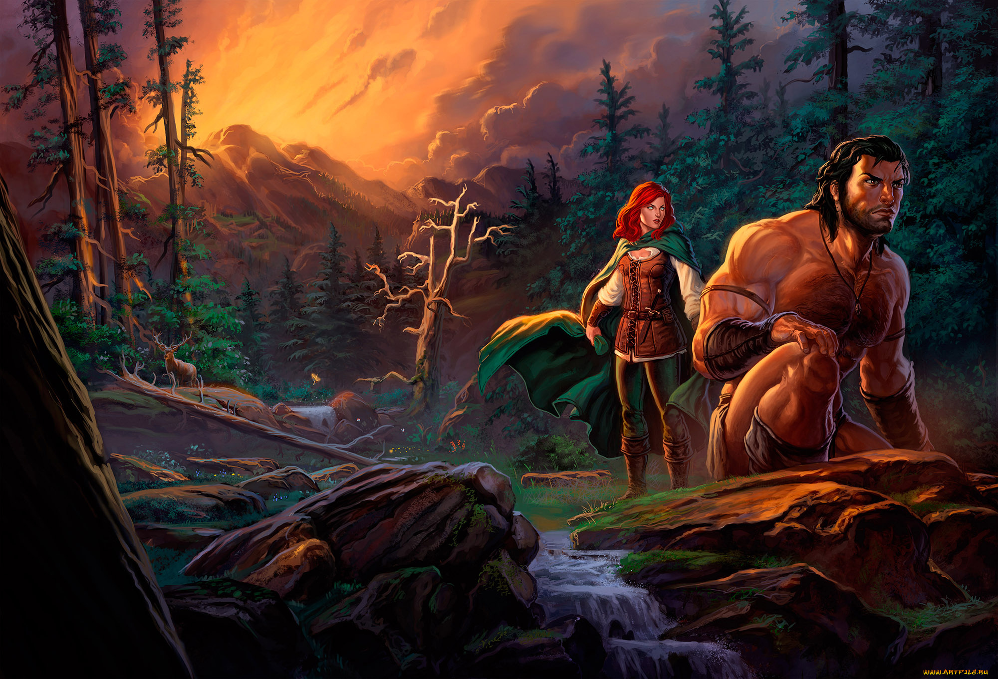 фэнтези, люди, арт, мужчина, девушка, лес, небо, облака, деревья