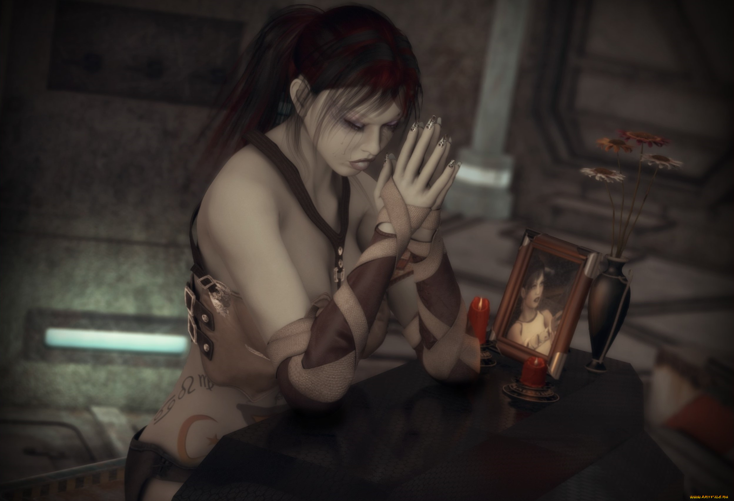 3д, графика, люди, , people, свечи, цветы, ваза, фотография, фон, взгляд, девушка