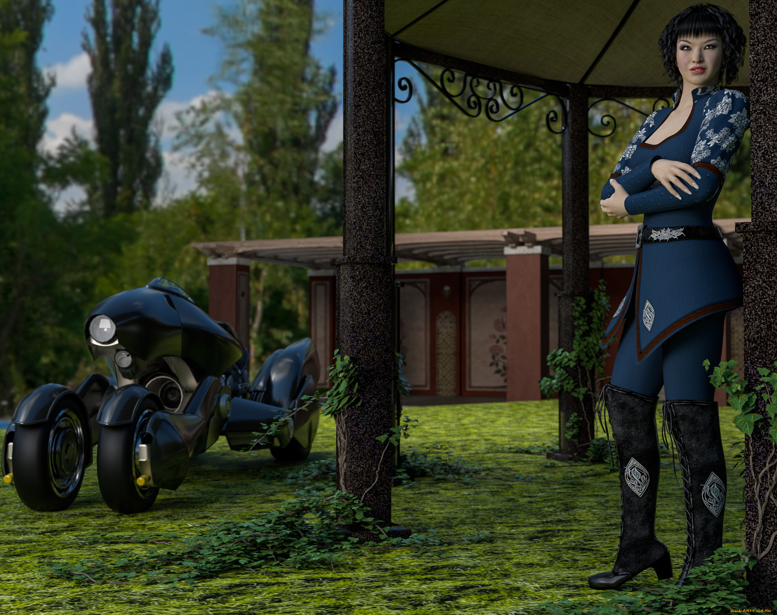 3д, графика, люди, , people, девушка, взгляд, фон, мотоцикл