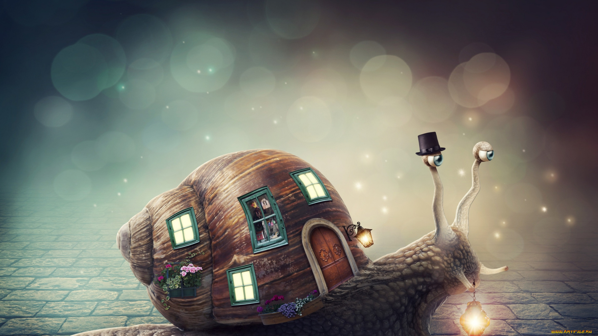 фэнтези, фотоарт, цветы, окна, улитка, шляпа, фонарь, домик