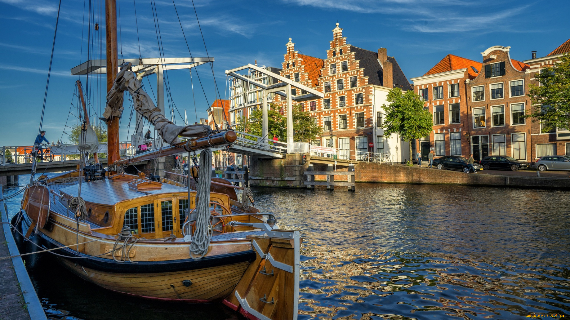 корабли, порты, , , причалы, река, netherlands, нидерланды, мост, spaarne, river, харлем, спарне, haarlem, северная, голландия, north, holland, здания, яхта, дома