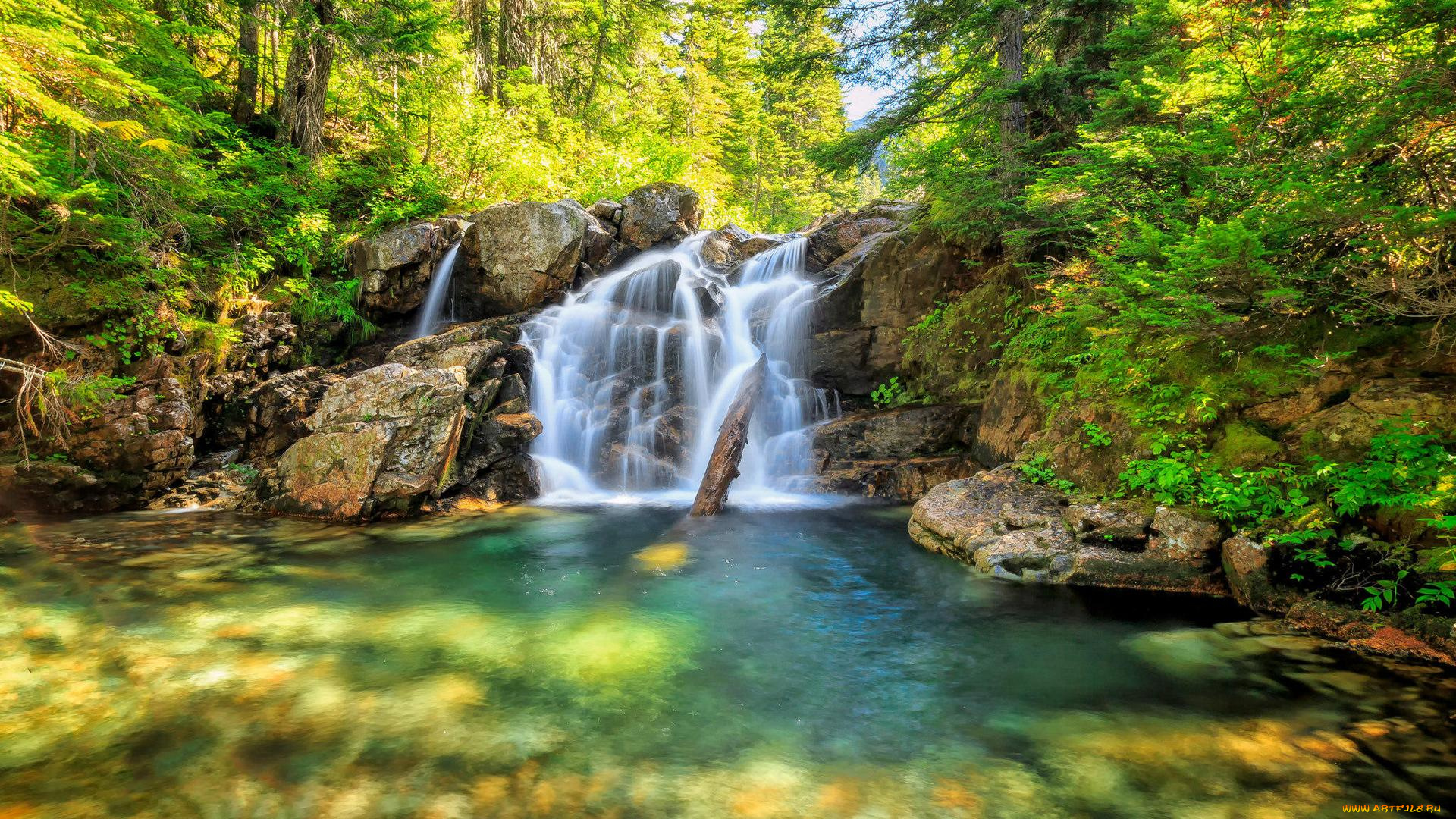 природа, водопады, деревья, речка, скалы, лес, водопад