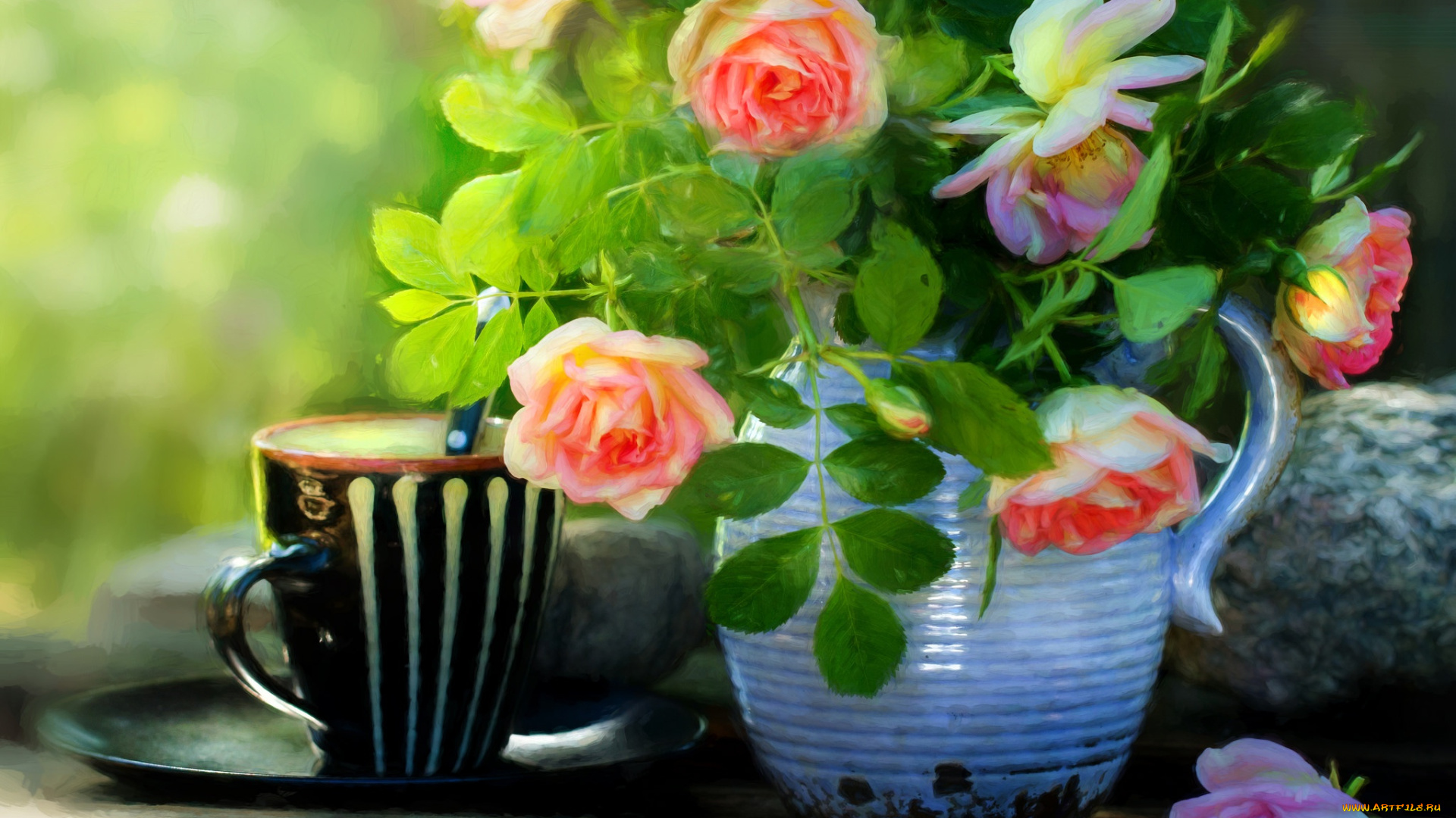 рисованное, цветы, кувшин, кружка, текстура, стиль, розы, натюрморт