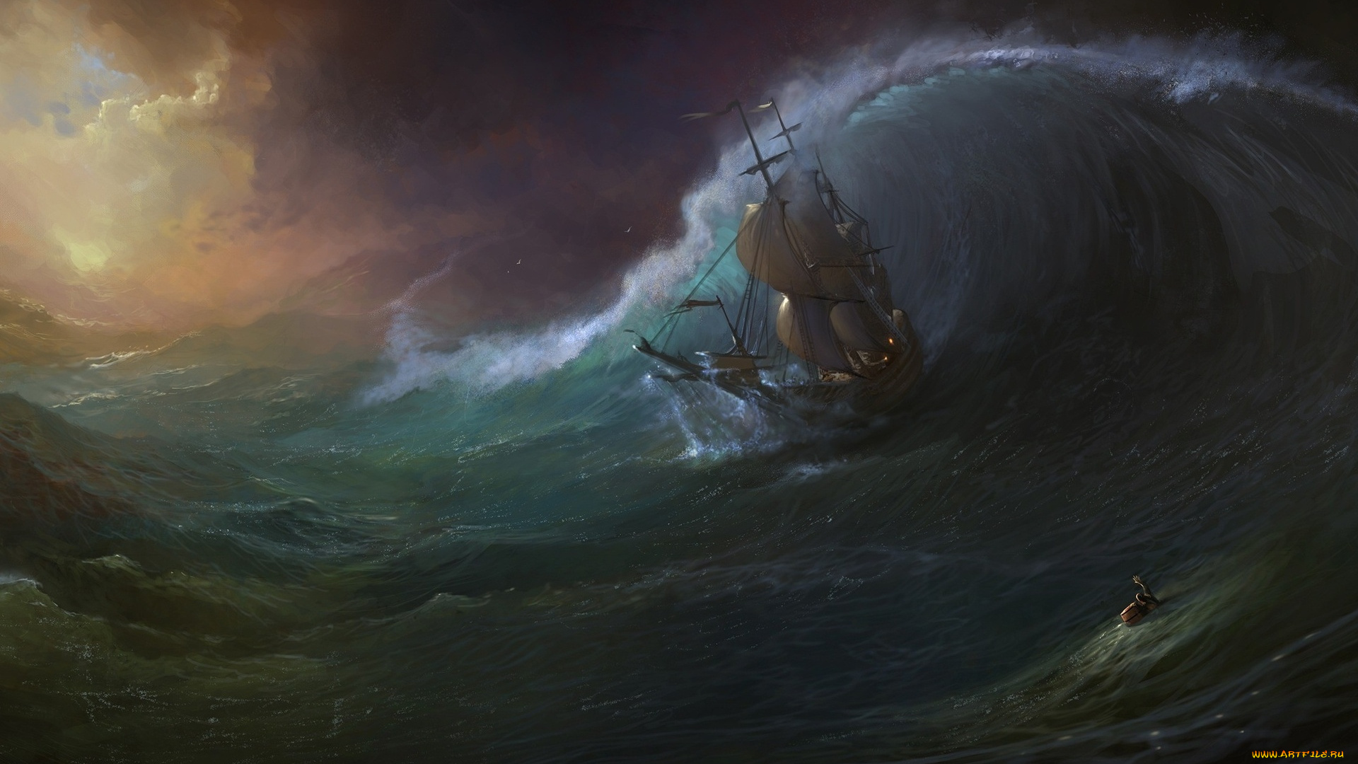 рисованное, живопись, тонущий, человек, тучи, парусник, шторм, водоем