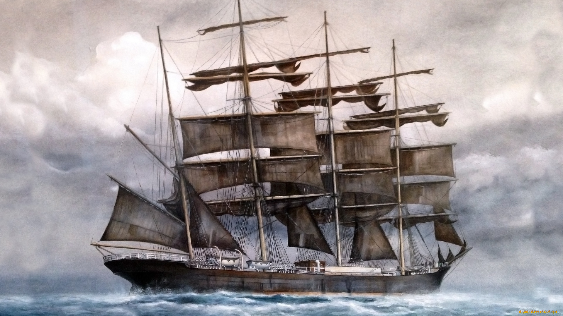 рисованное, живопись, водоем, облака, парусник