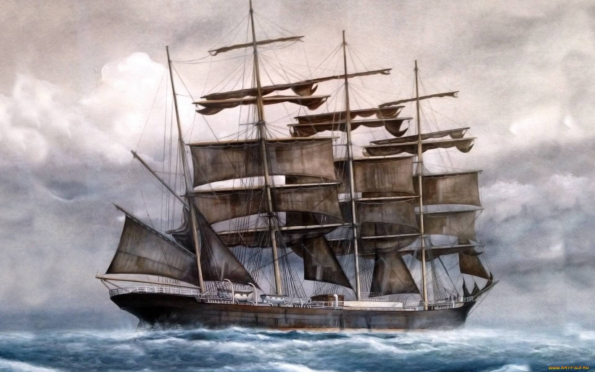 рисованное, живопись, водоем, облака, парусник