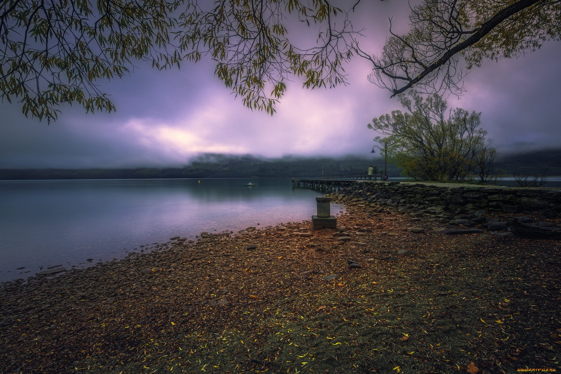 новая, зеландия, природа, реки, озера, деревья, водоем, причал, камни, облака, фонарь