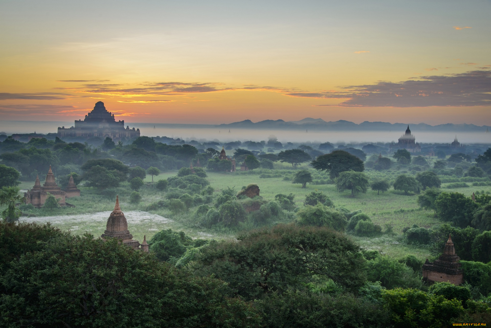 города, -, буддийские, и, другие, храмы, деревья, растения, туман, здания
