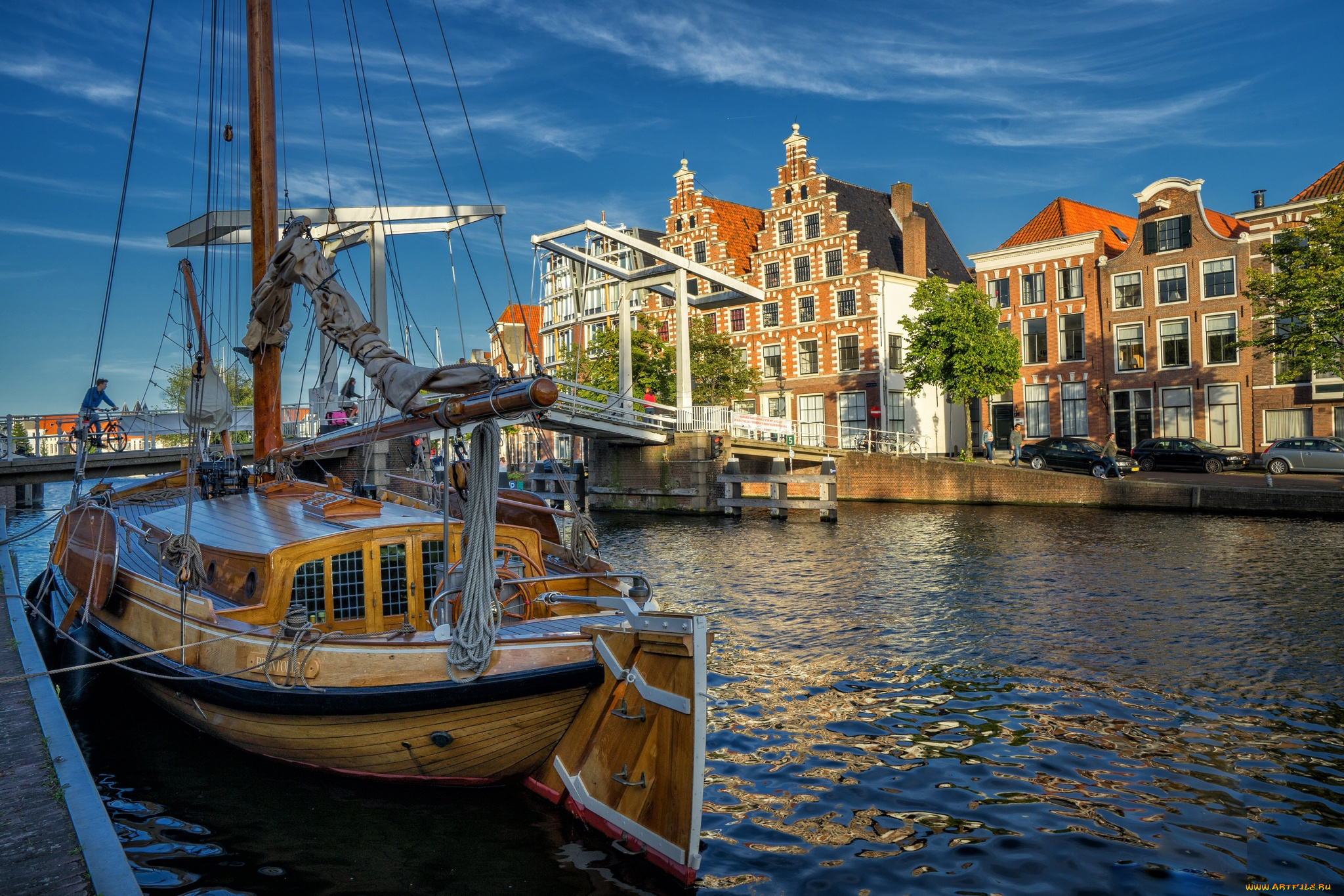 корабли, порты, , , причалы, река, netherlands, нидерланды, мост, spaarne, river, харлем, спарне, haarlem, северная, голландия, north, holland, здания, яхта, дома