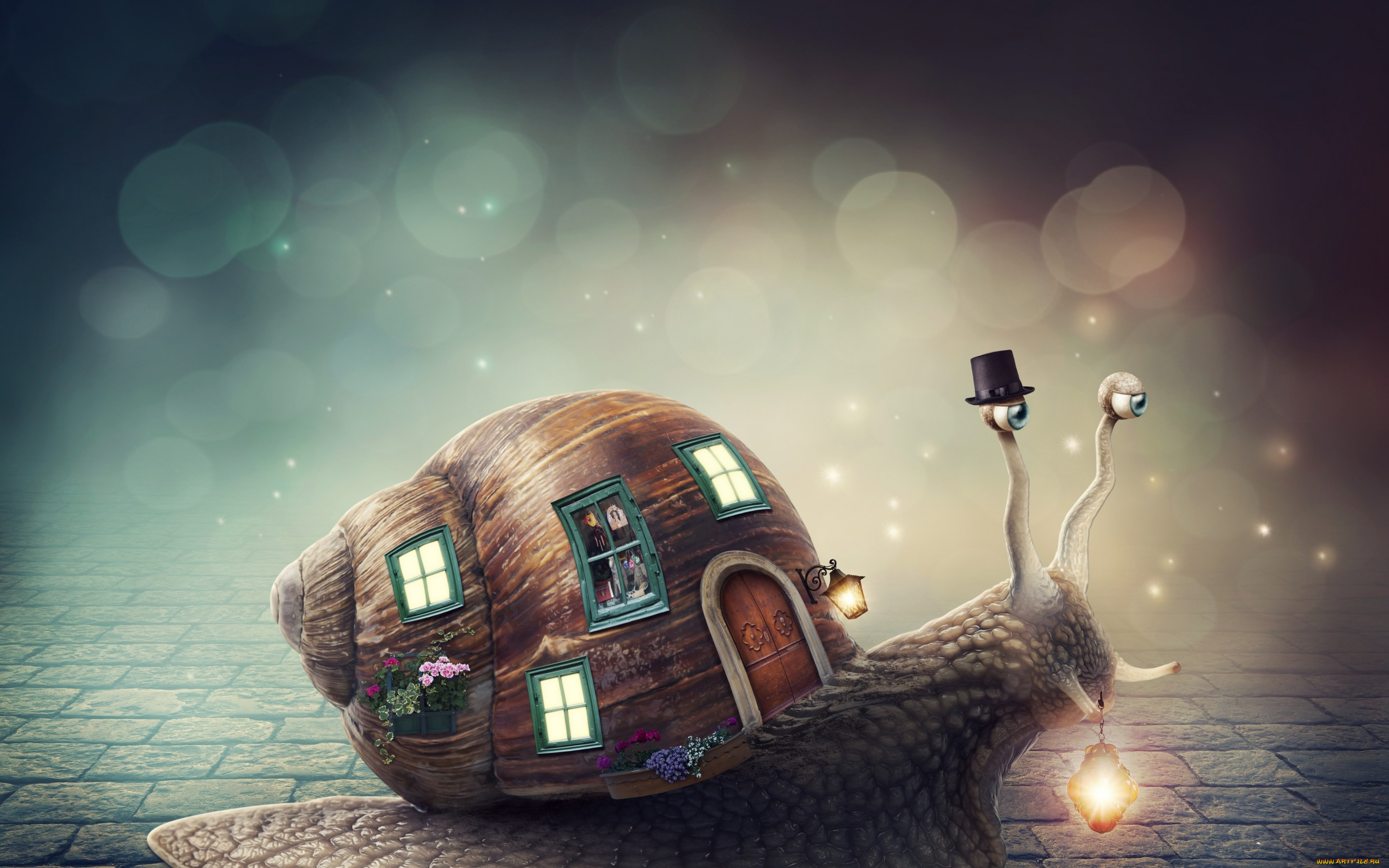 фэнтези, фотоарт, цветы, окна, улитка, шляпа, фонарь, домик