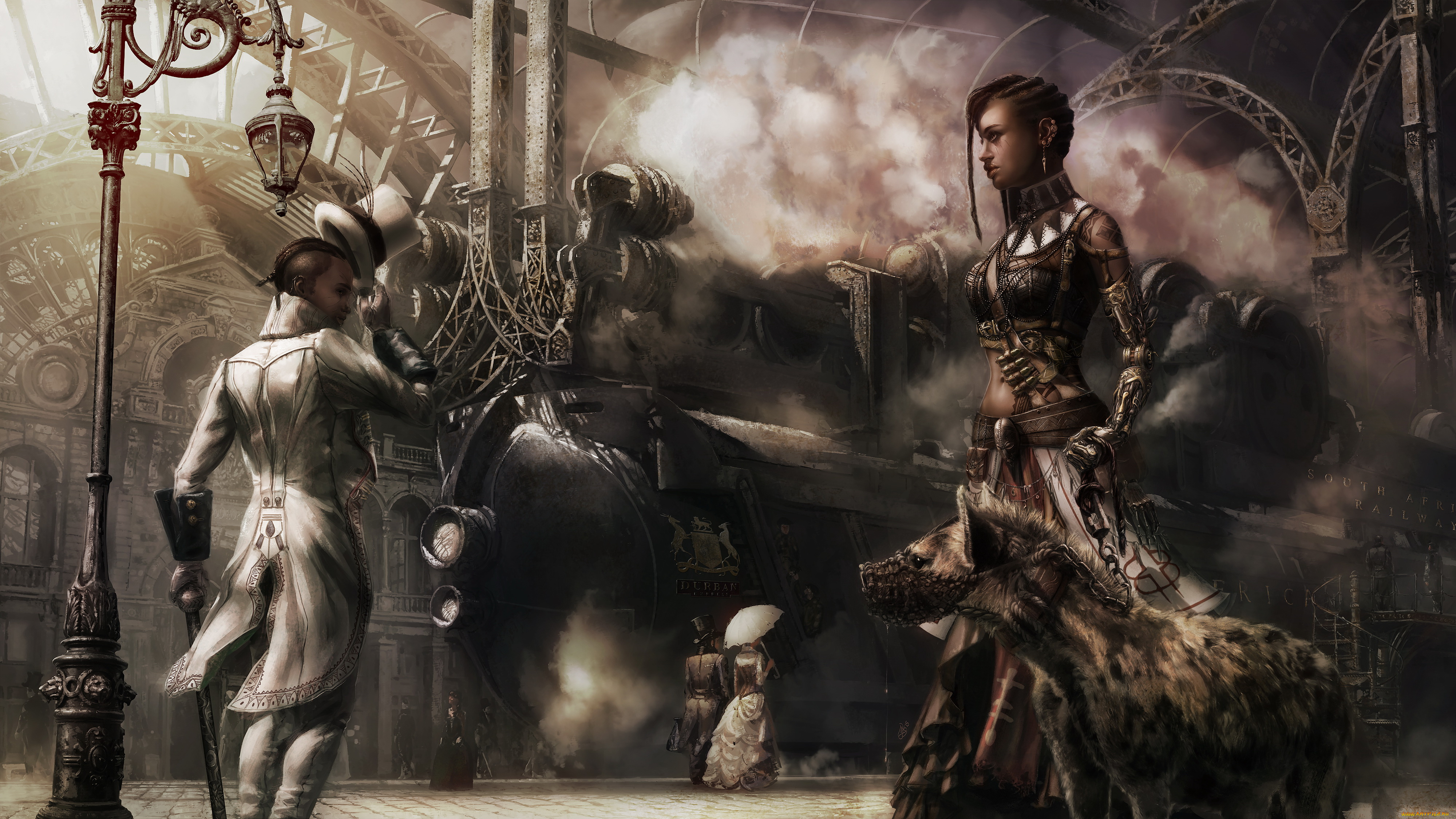 фэнтези, люди, гиена, поезд, мужчина, девушка