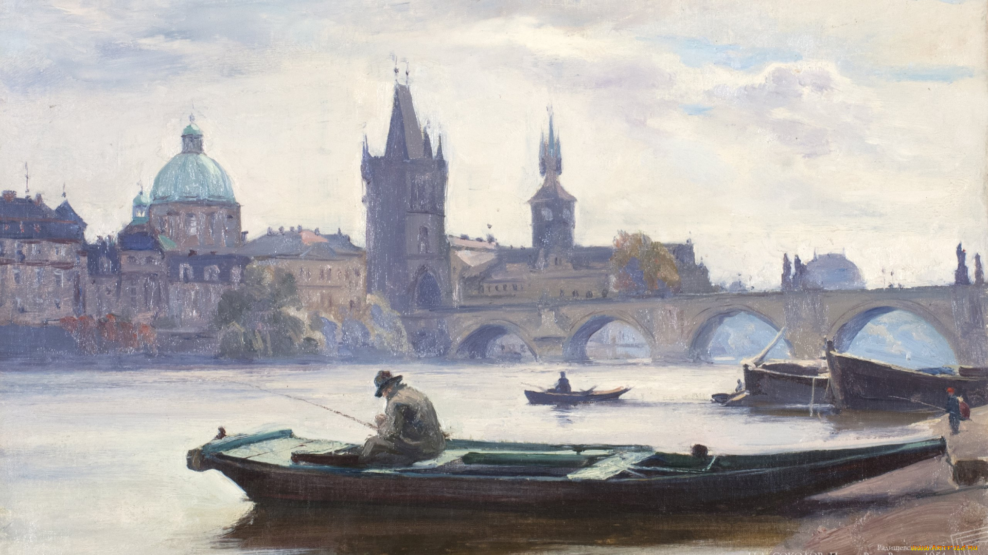 , соколов-, прага, , река, влтава, рисованное, живопись, город, мост, река, рыбак