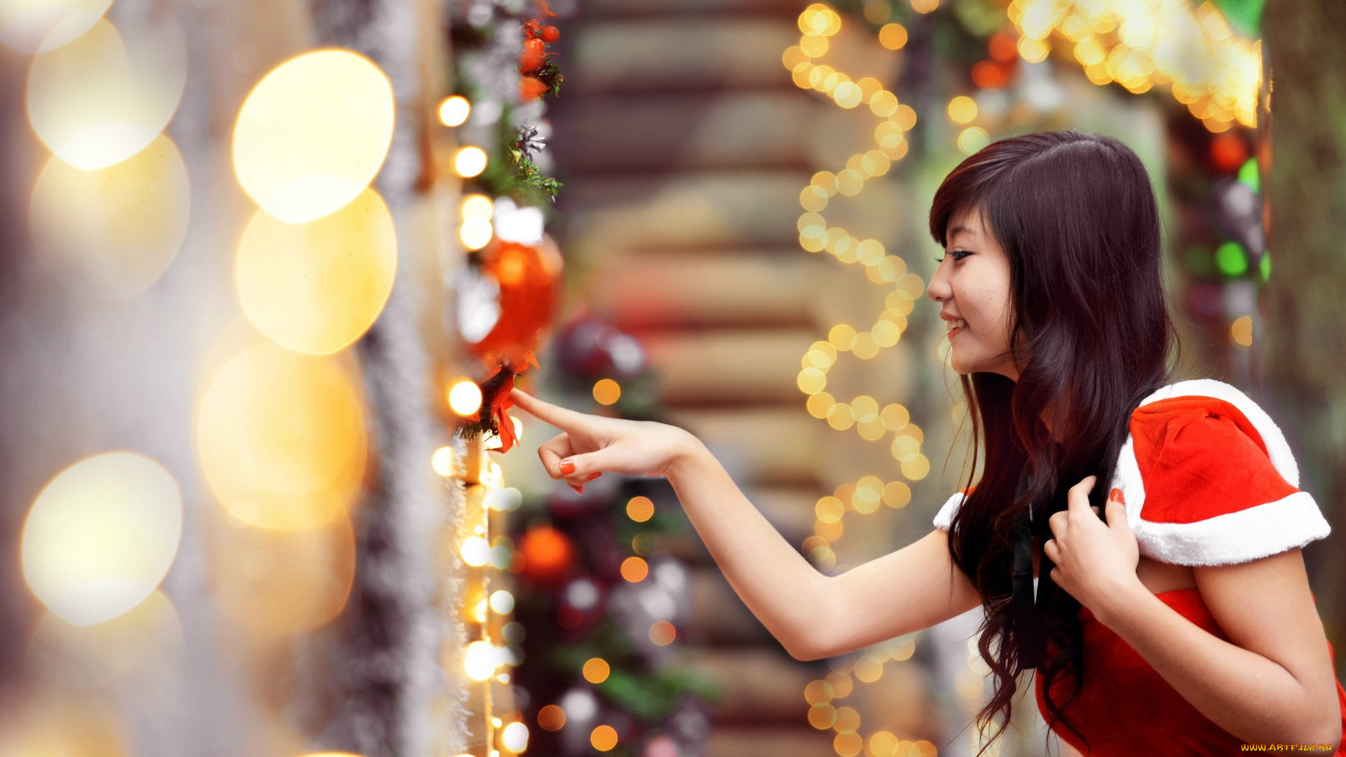 девушки, -unsort, , азиатки, улыбка, палец, гирлянды, огни