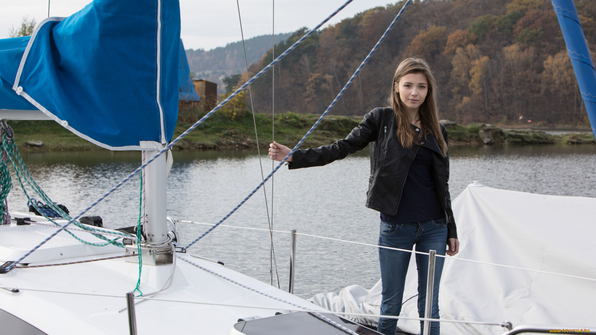 девушки, mila, azul, горы, лес, яхта, взгляд, фон, девушка
